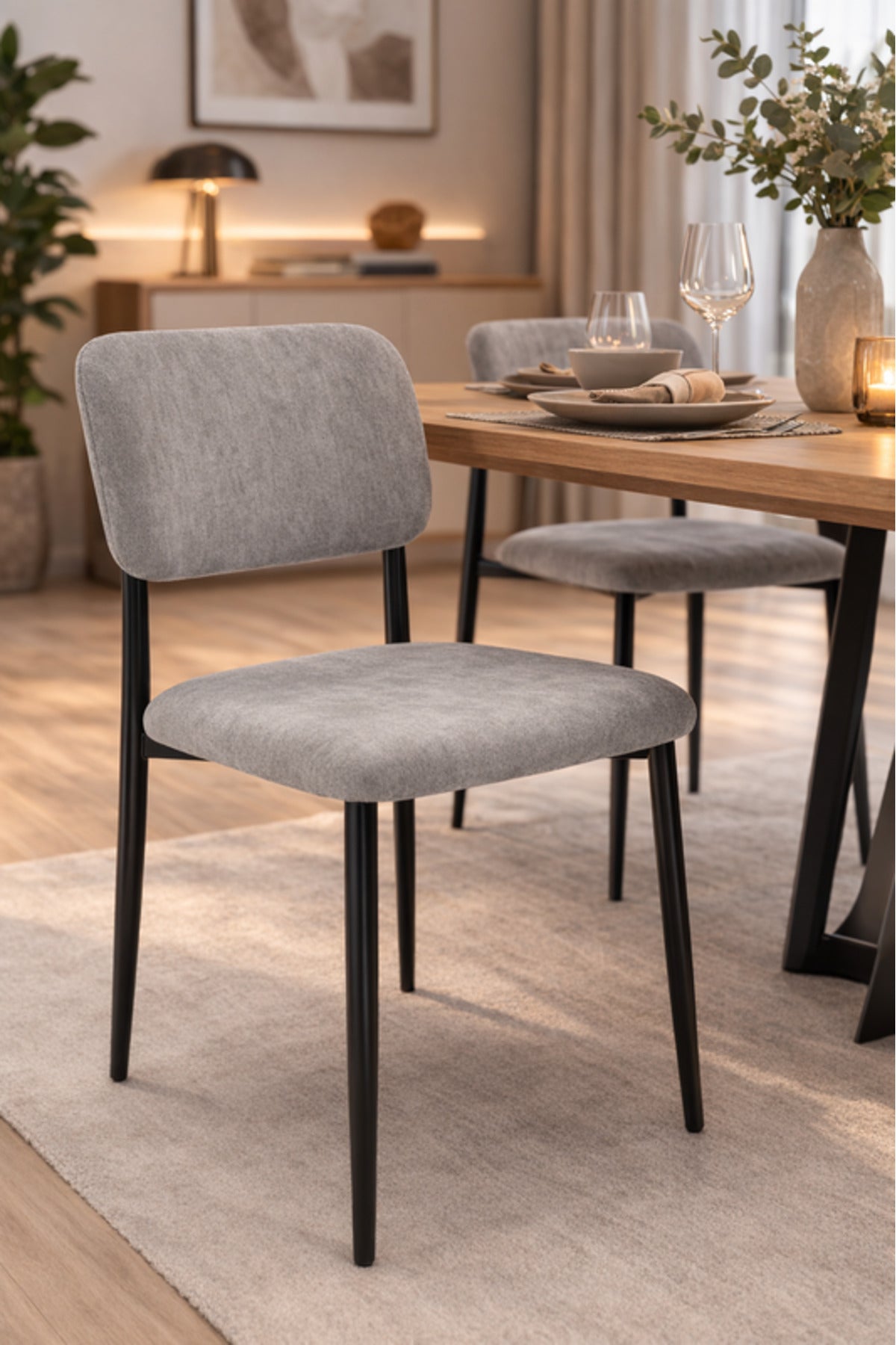 Grey Upholstered Dining Chair with Black Metal Legs Modern Room grey upholstered dining
