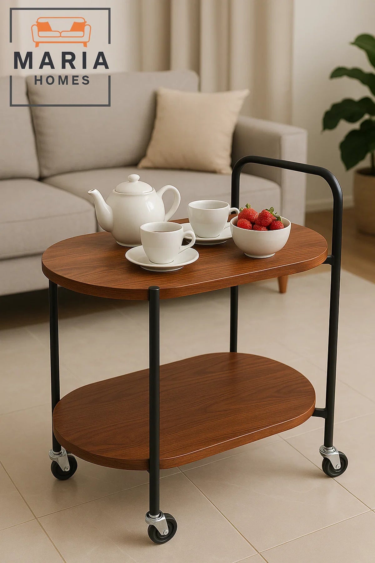 Oval 2-Tier Wooden Bar Cart Ð Walnut Finish Serving Trolley with Black Metal Frame and Wheels