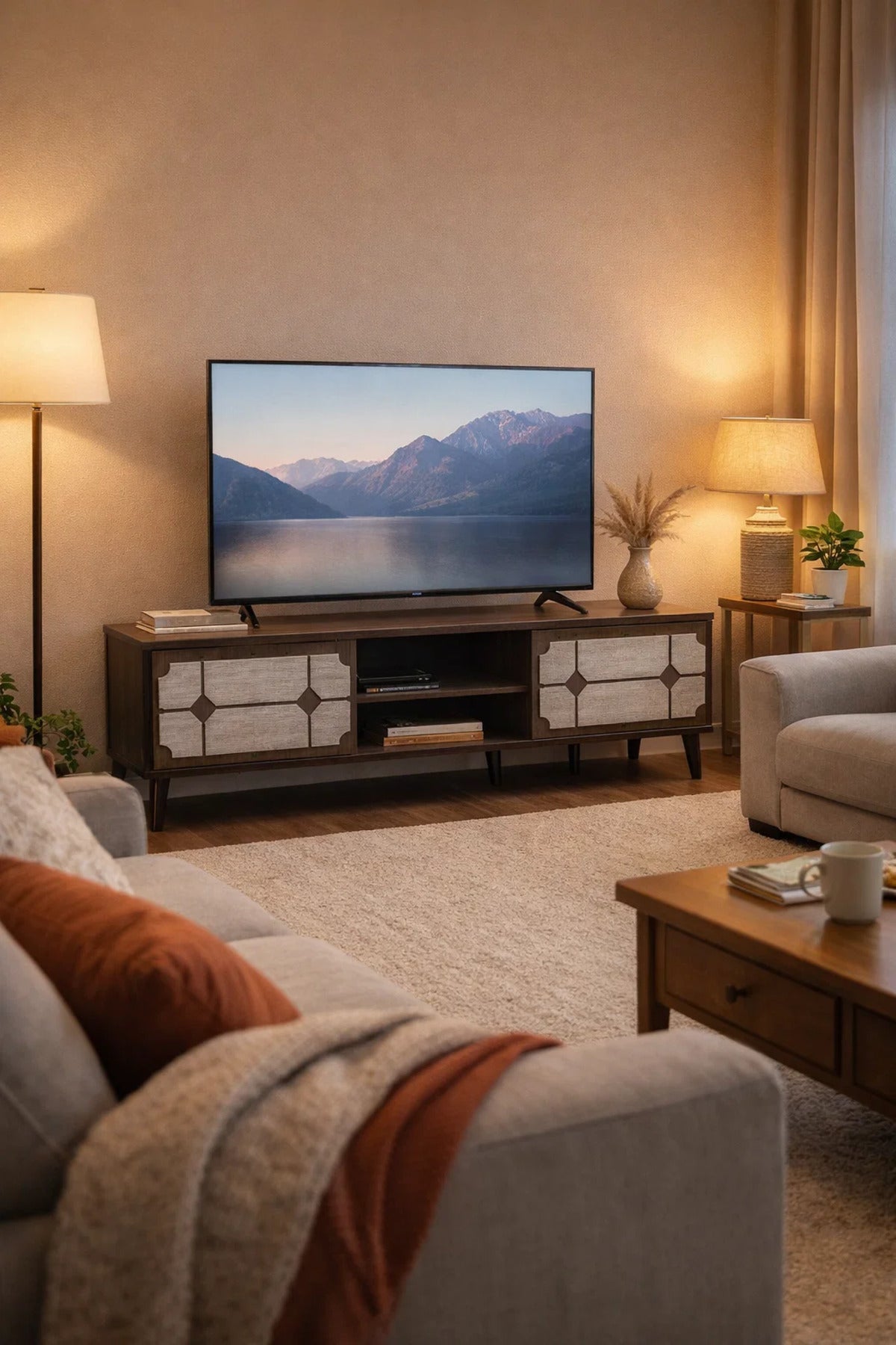 Modern Brown Wood TV Stand 160cm Media Console Entertainment Unit with Storage for Living Room