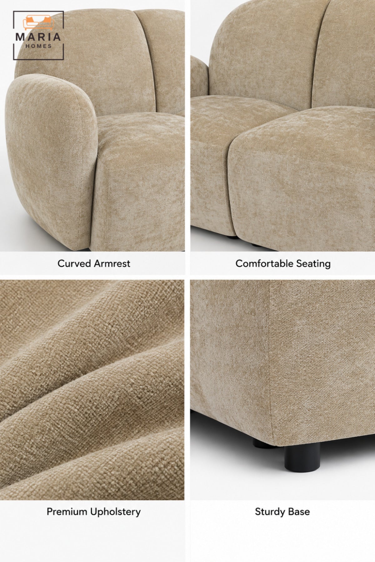 Modern 2 Seater Upholstered Loveseat Sofa with Rounded Backrest, Curved Armrests & Deep Cushioned Seats for Living Room, Bedroom and Lounge