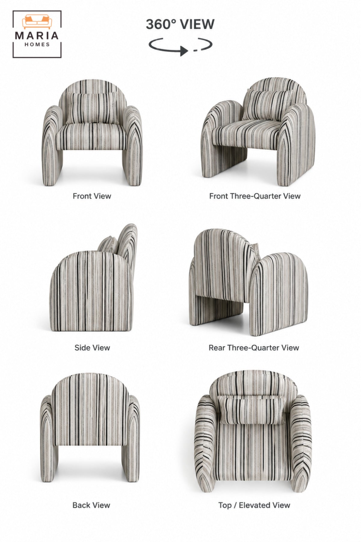 Modern Striped Upholstered Accent Chair with Curved Backrest, Rounded Arms & Cushion | Contemporary Lounge Chair for Living Room, Bedroom & Reception