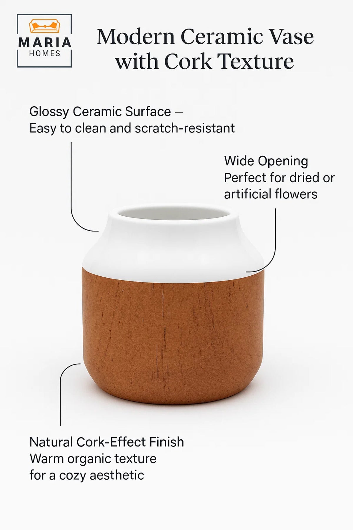 White and Cork Effect Ceramic Vase – Small Modern Decorative Flower Pot with Glossy Finish
