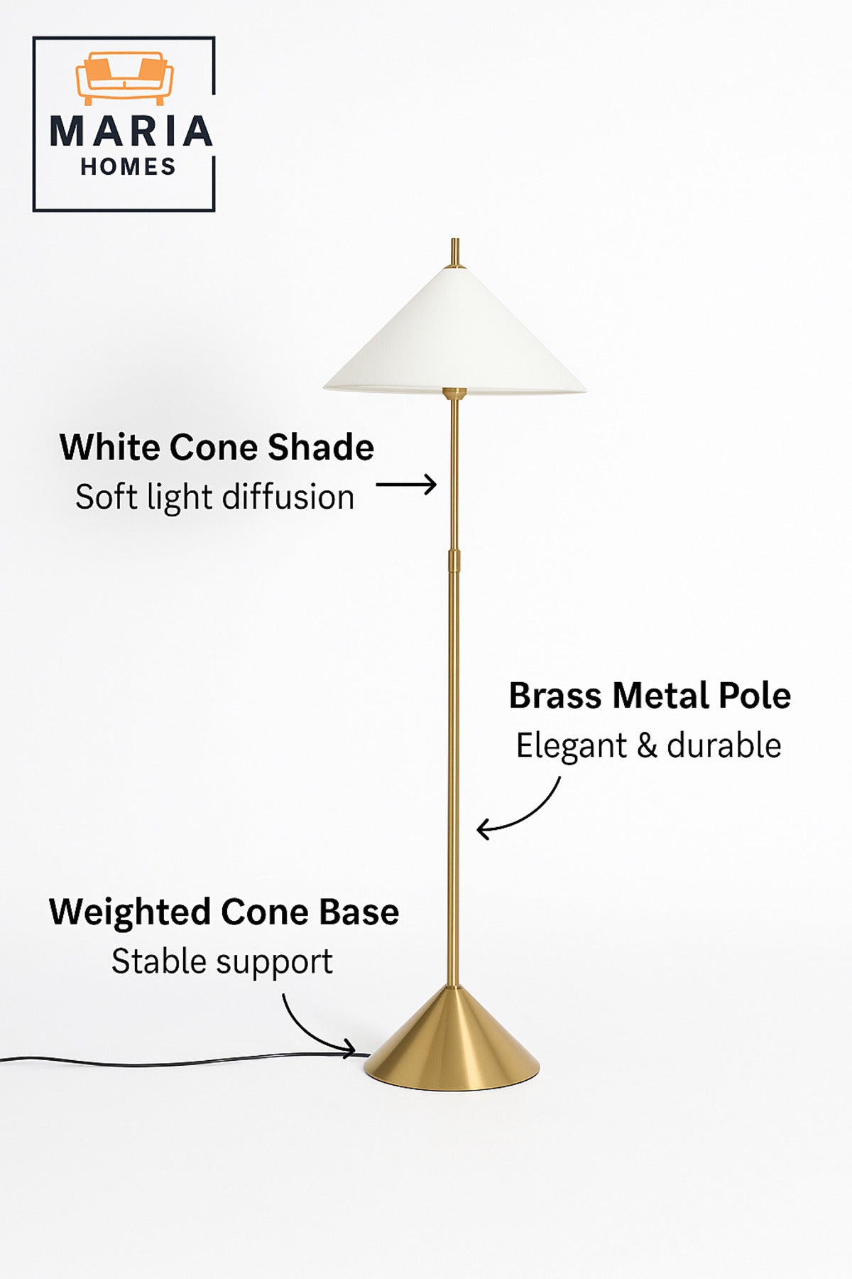 Modern Brass Floor Lamp with White Conical Shade Ð Minimalist Standing Light