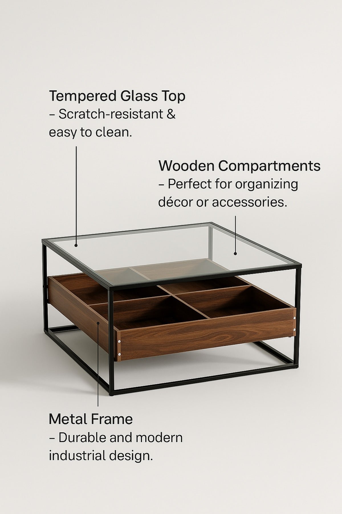 Modern Glass Coffee Table with Wooden Storage Compartments & Black Frame Ð 80x80x45cm