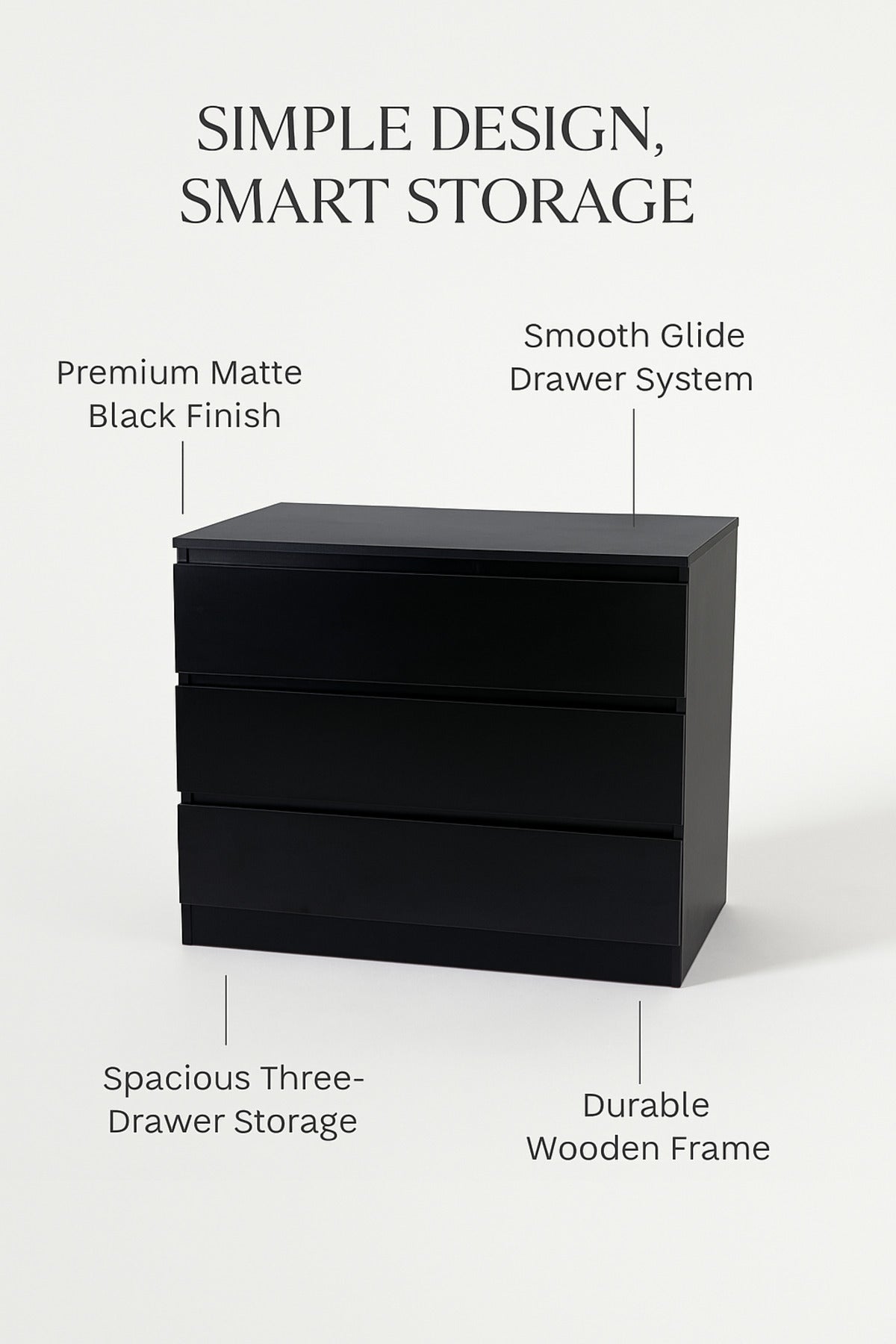 Black Wooden Drawer Cabinet 80_48_79 cm Ð Modern 3-Drawer Dresser for Bedroom, Living Room & Office