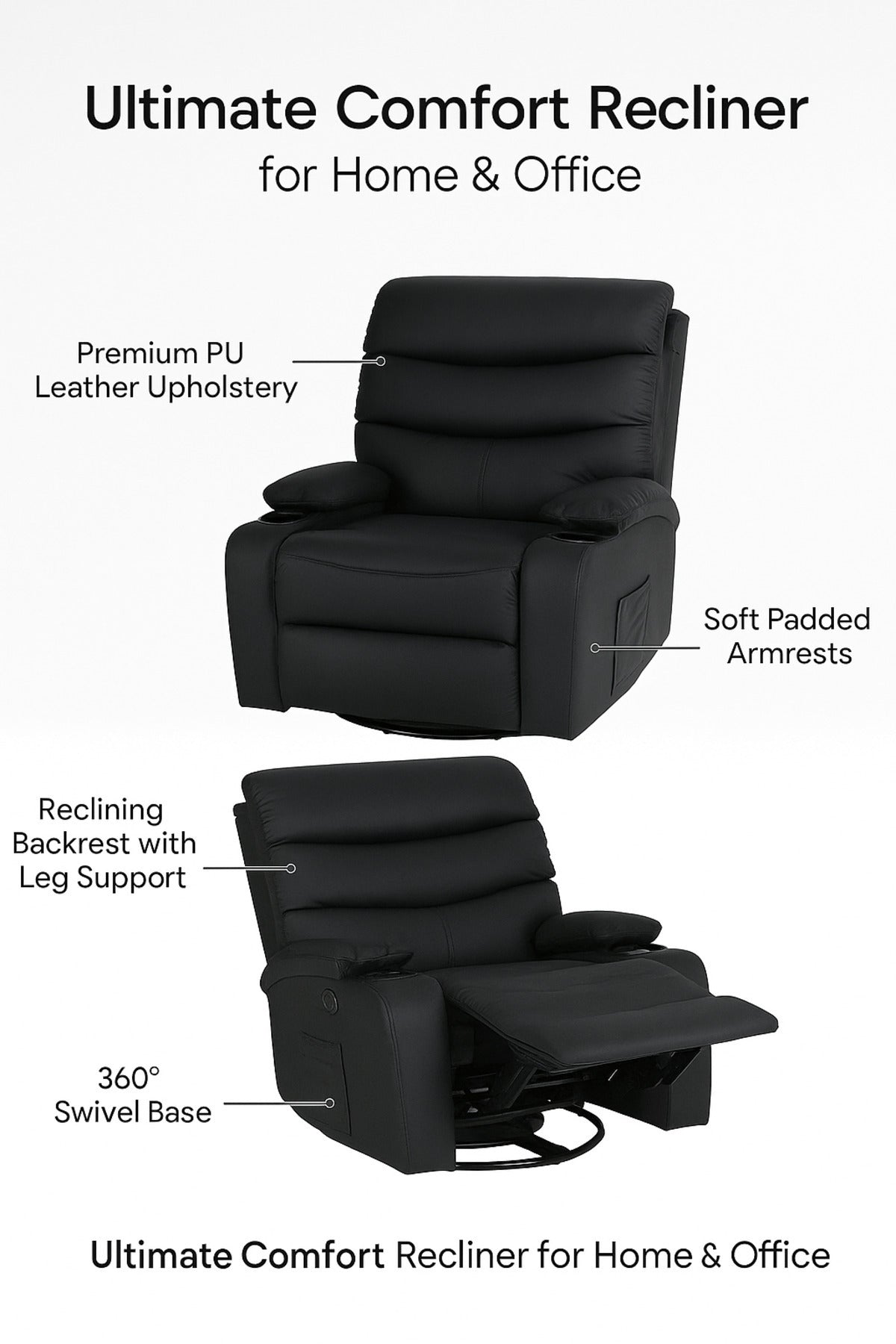 Black PU Leather Recliner Chair Comfortable Swivel and Reclining Armchair for Living Room & Home