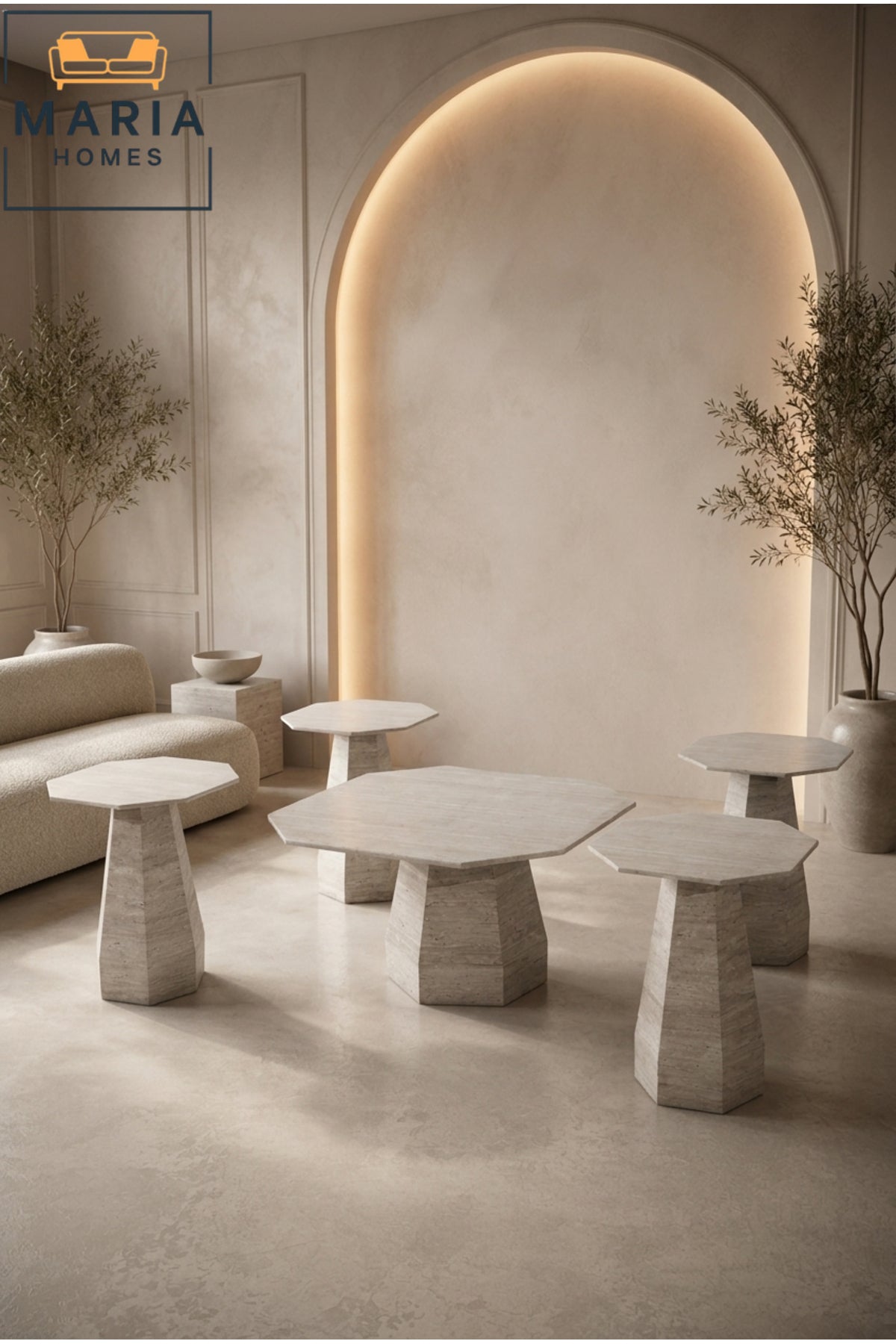 Large Octagonal Center Table √ê Travertine Stone Top with Geometric Pedestal Base