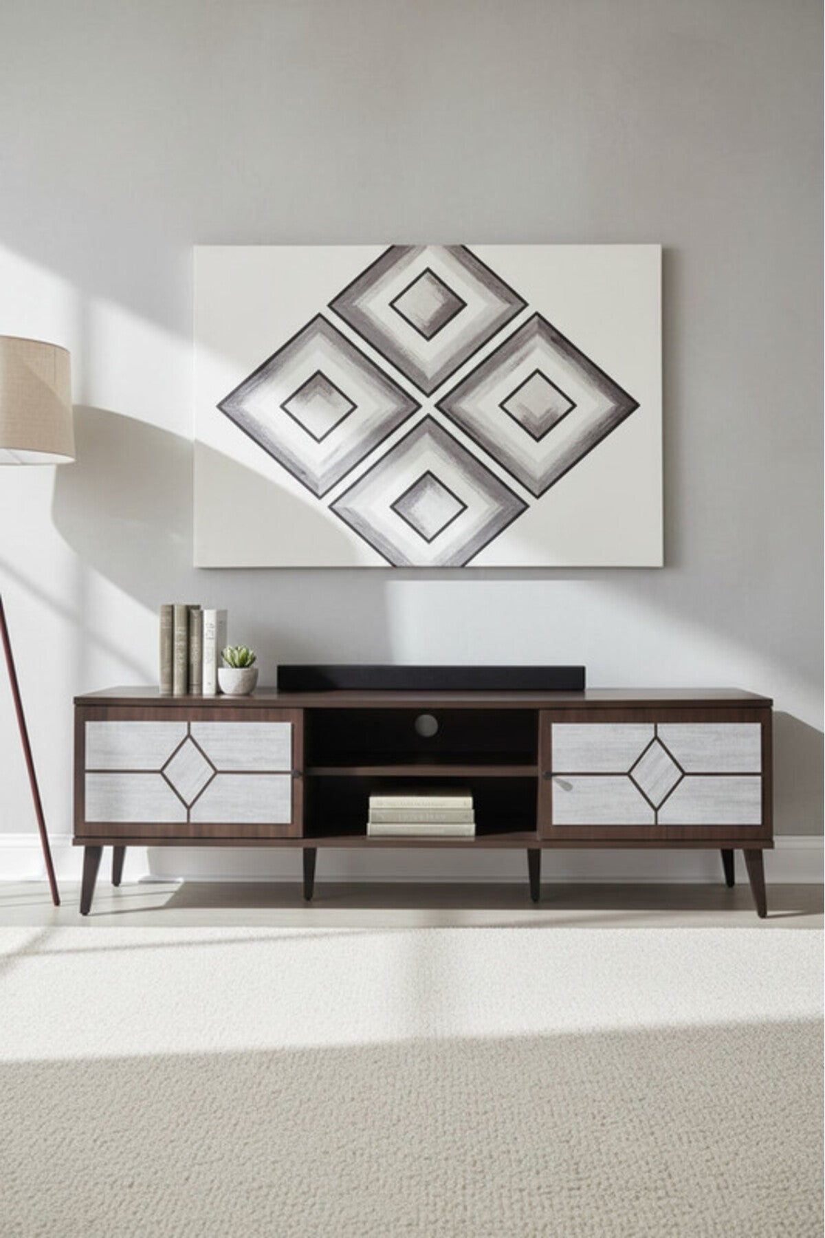 Modern Brown.G TV Table with Storage Cabinets & Open Shelving Unit