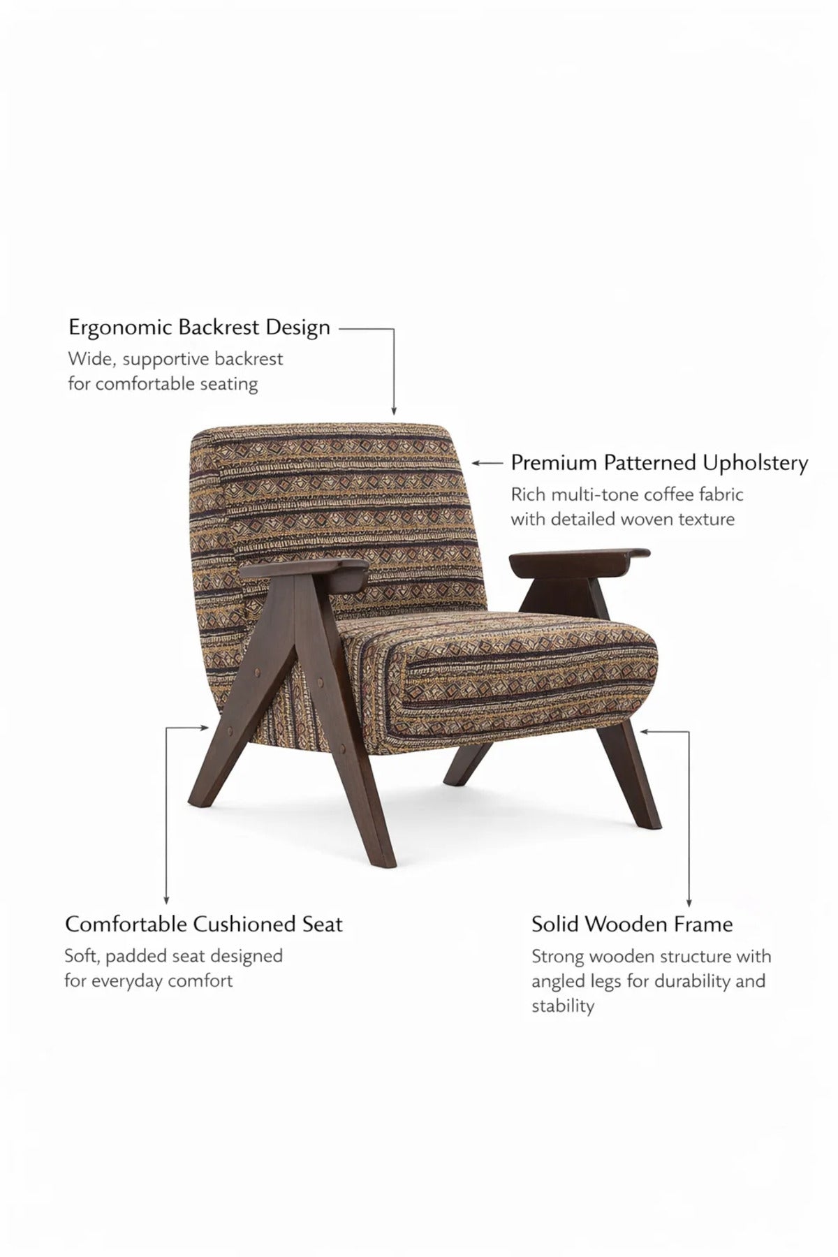 Elegant Wooden Armchair with Bohemian Patterned Fabric for Living Room and Office Interiors