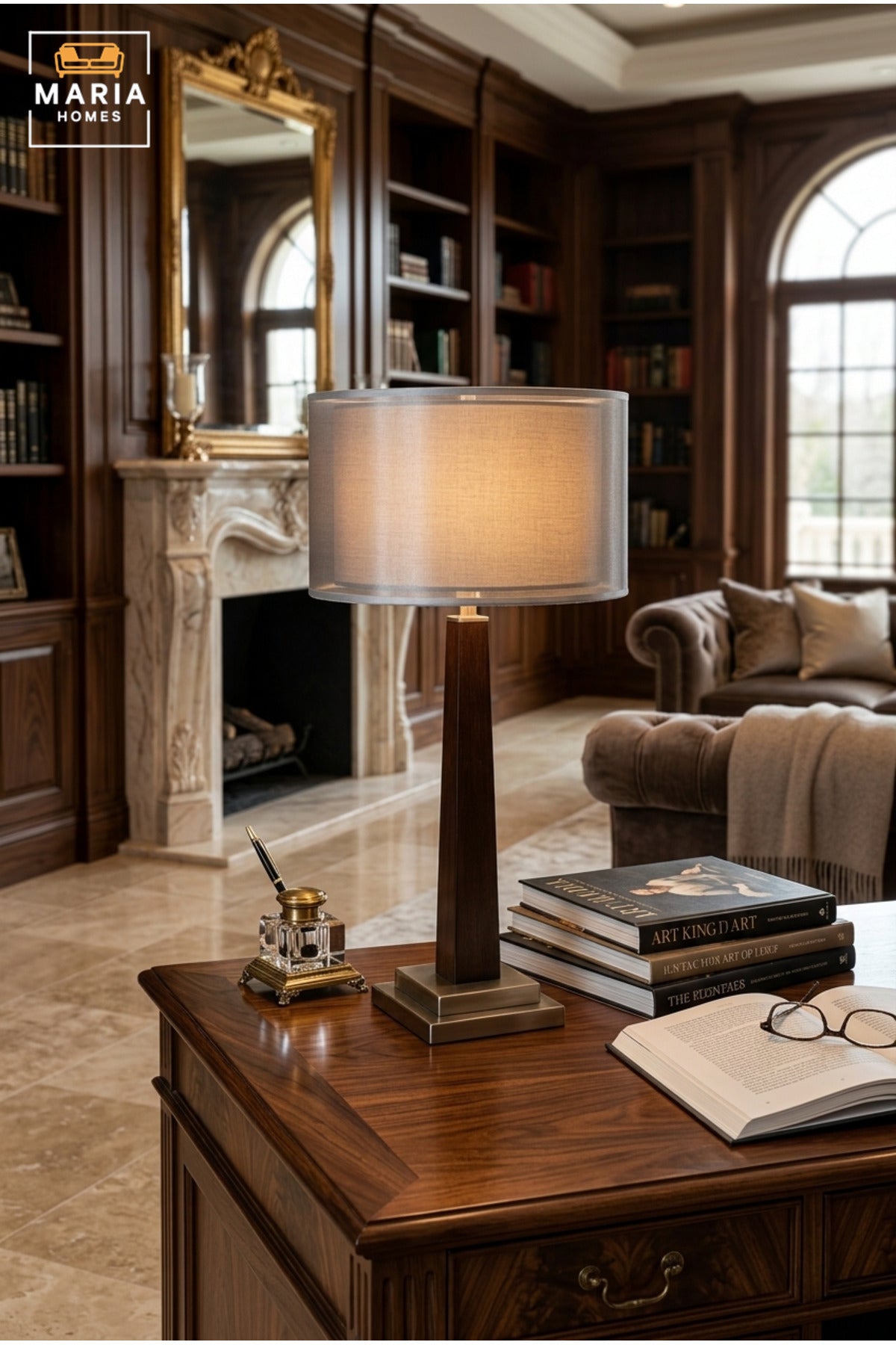 Modern Wooden Table Lamp with Grey Double Layer Drum Shade, Slim Tapered Base and Silver Tone Accents for Bedroom, Living Room, Office and Hotel