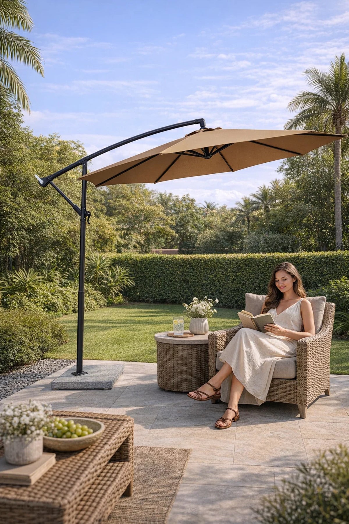 Luxury Dark Beige Offset Hanging Patio Umbrella with Base for Garden Terrace Outdoor Sun Shading