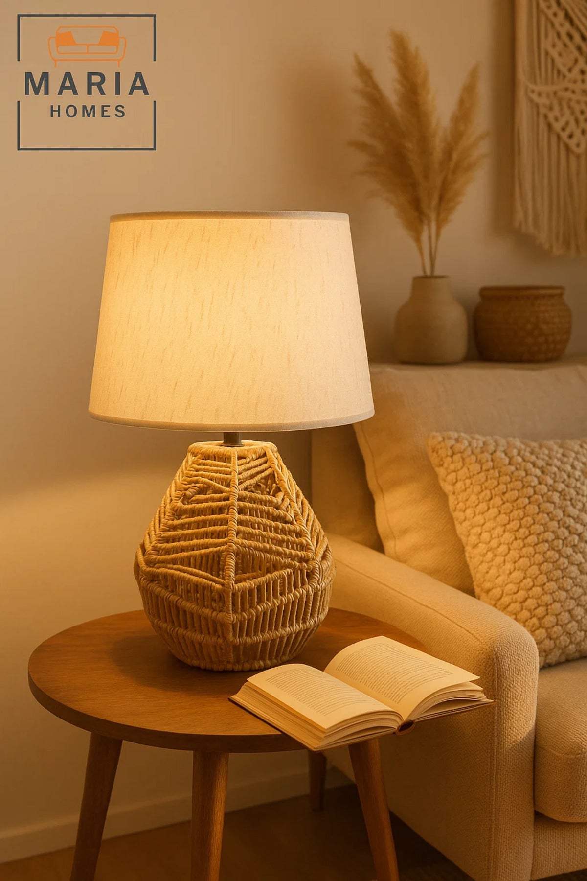 Coastal Style Rattan Table Lamp with Fabric Shade for Bedroom or Beach House Decor