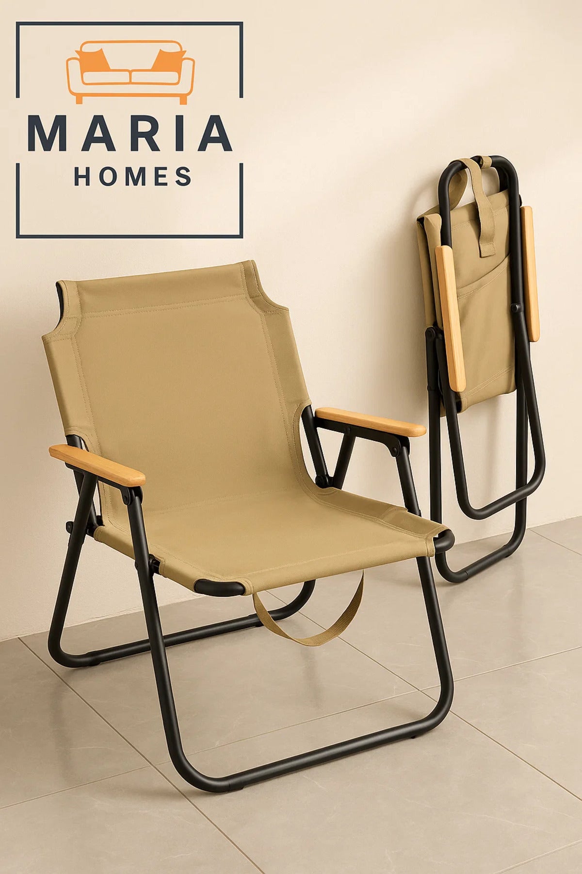 Beige Folding Canvas Chair with Wooden Armrests Ð Portable Outdoor & Camping Seat