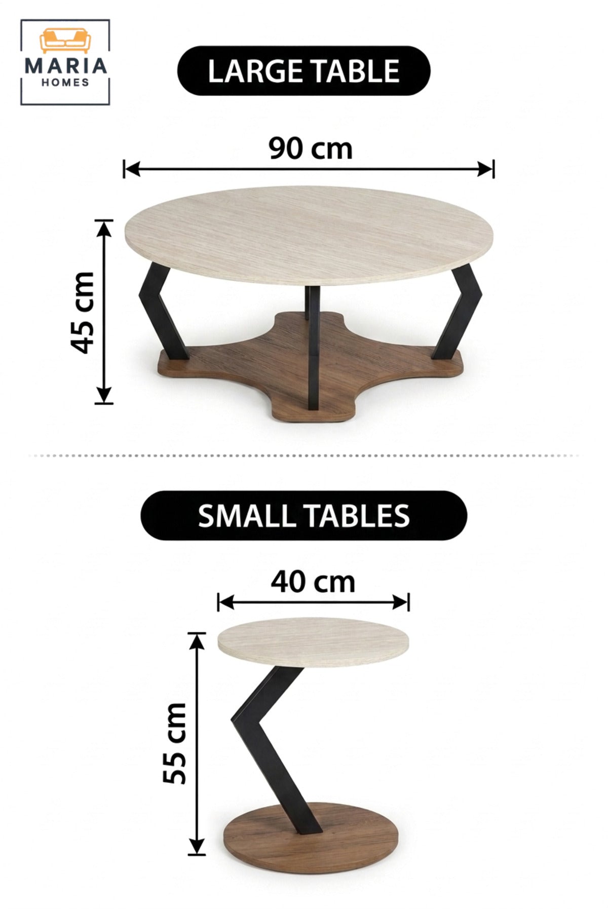 Modern Round Center Table Set of 5 Pieces with 1 Large Center Table & 4 Small Side Tables, Space Saving Coffee Table Set for Living Room Lounge, Large 90 x 45 CM, Small 40 x 55 CM