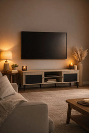 Modern 180cm Wide TV Stand Unit Beige Wood Black Doors Media Console Table with Storage Shelves