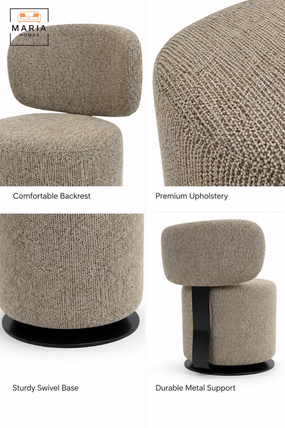 Modern 360° Swivel Arm Chair | Taupe Fabric Upholstered Accent Chair with Padded Seat, Curved Backrest & Black Round Base for Living Room