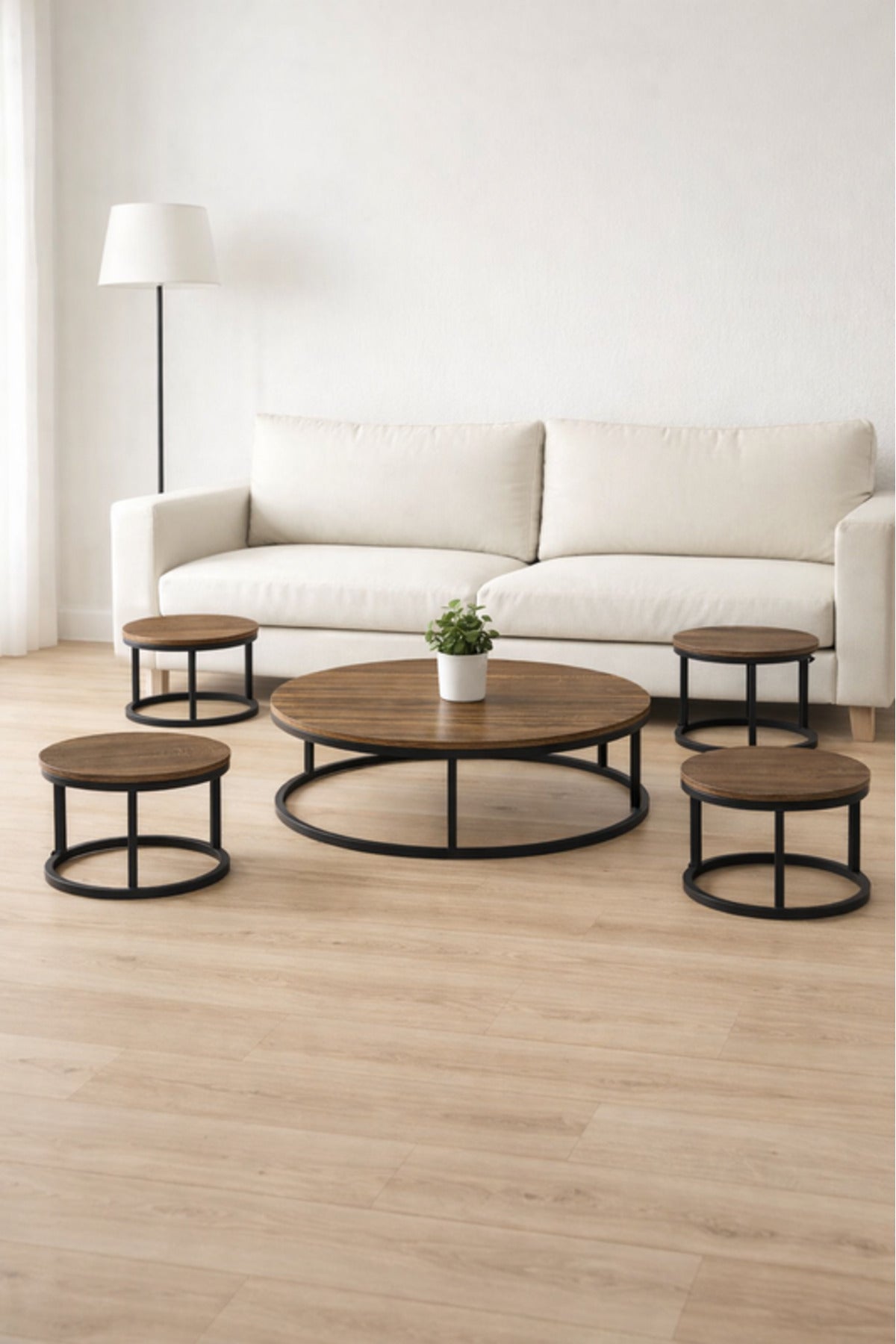 Modern Round Coffee Table Set 1+4 √ê Wood Top with Black Metal Frame