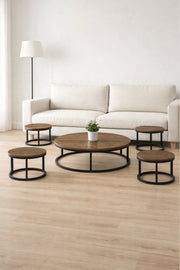 Modern Round Coffee Table Set 1+4 √ê Wood Top with Black Metal Frame