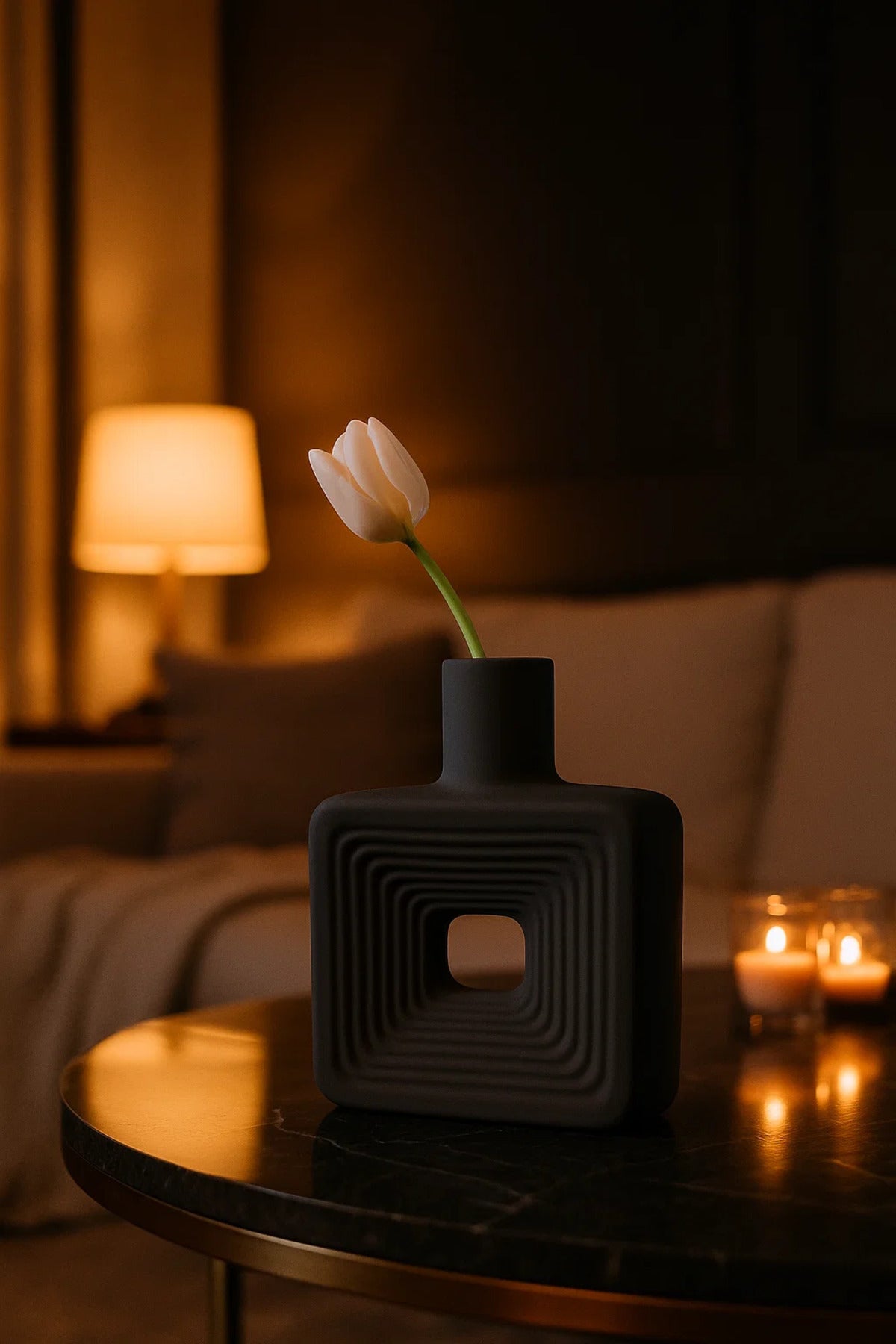 Matte Dark Grey Geometric Ceramic Vase Ð Modern Minimalist Square Flower Pot with Cut-Out Design