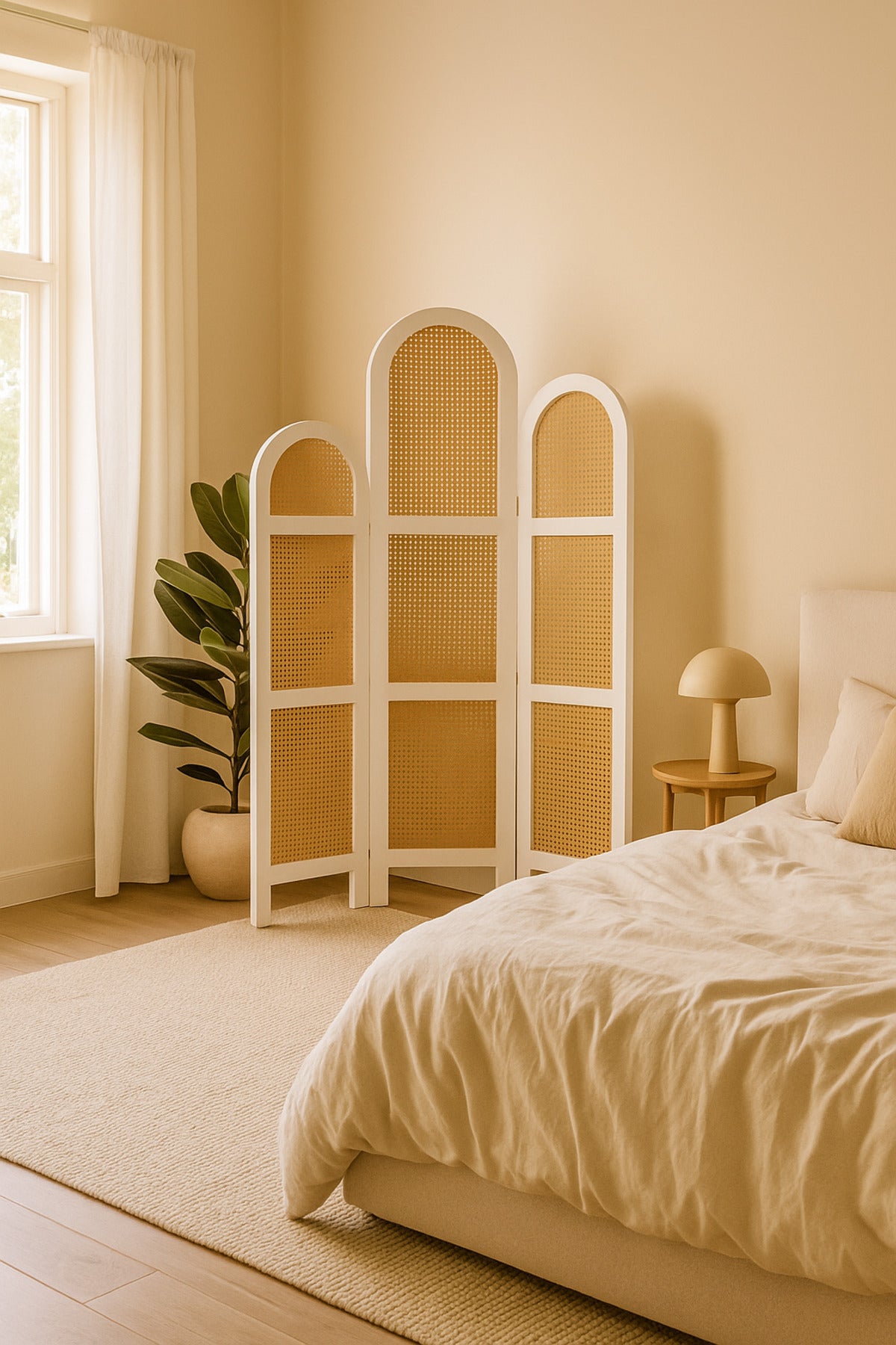 3-Panel Rattan Room Divider with White Frame √ê 121_180 cm Modern Arched Privacy Screen