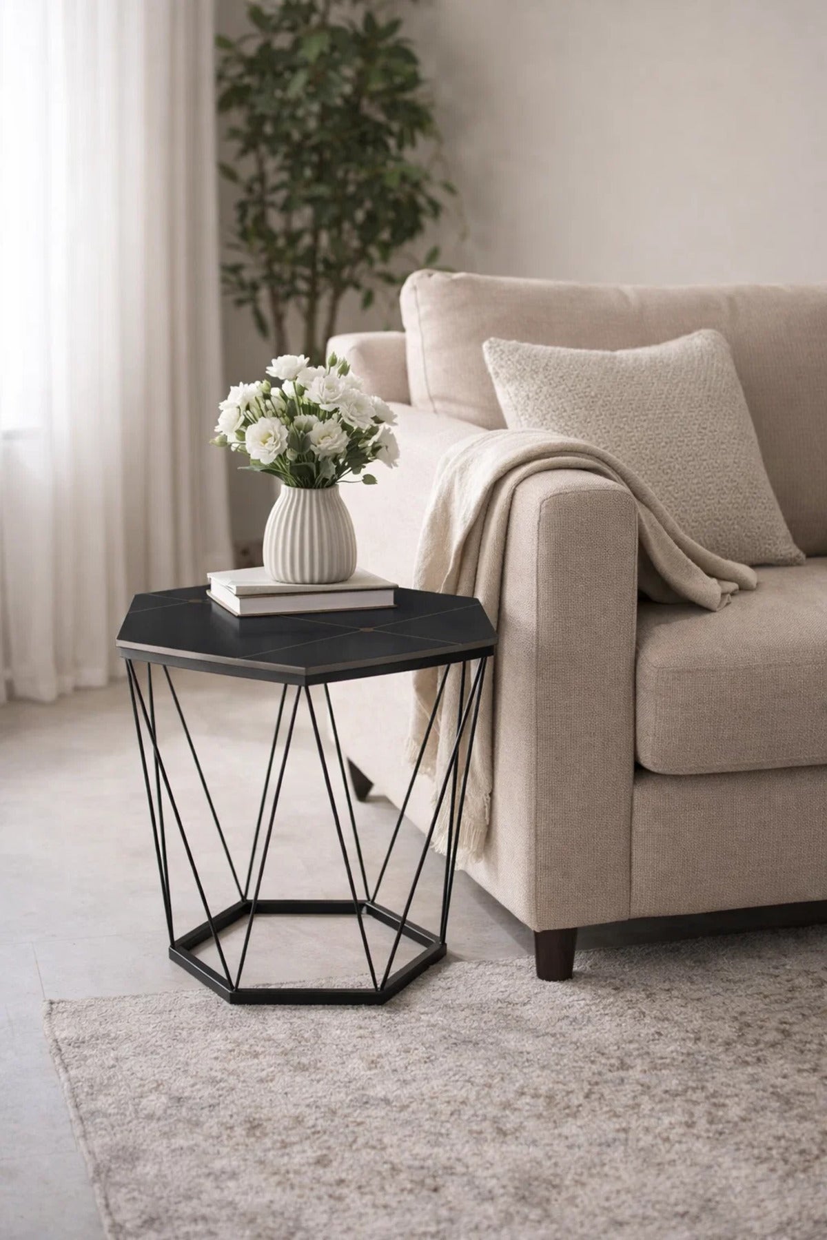 Modern Black Ceramic Top Hexagonal Coffee Table with Geometric Metal Wire Frame Design 60cm