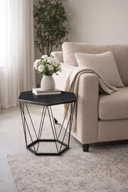 Modern Black Ceramic Top Hexagonal Coffee Table with Geometric Metal Wire Frame Design 60cm
