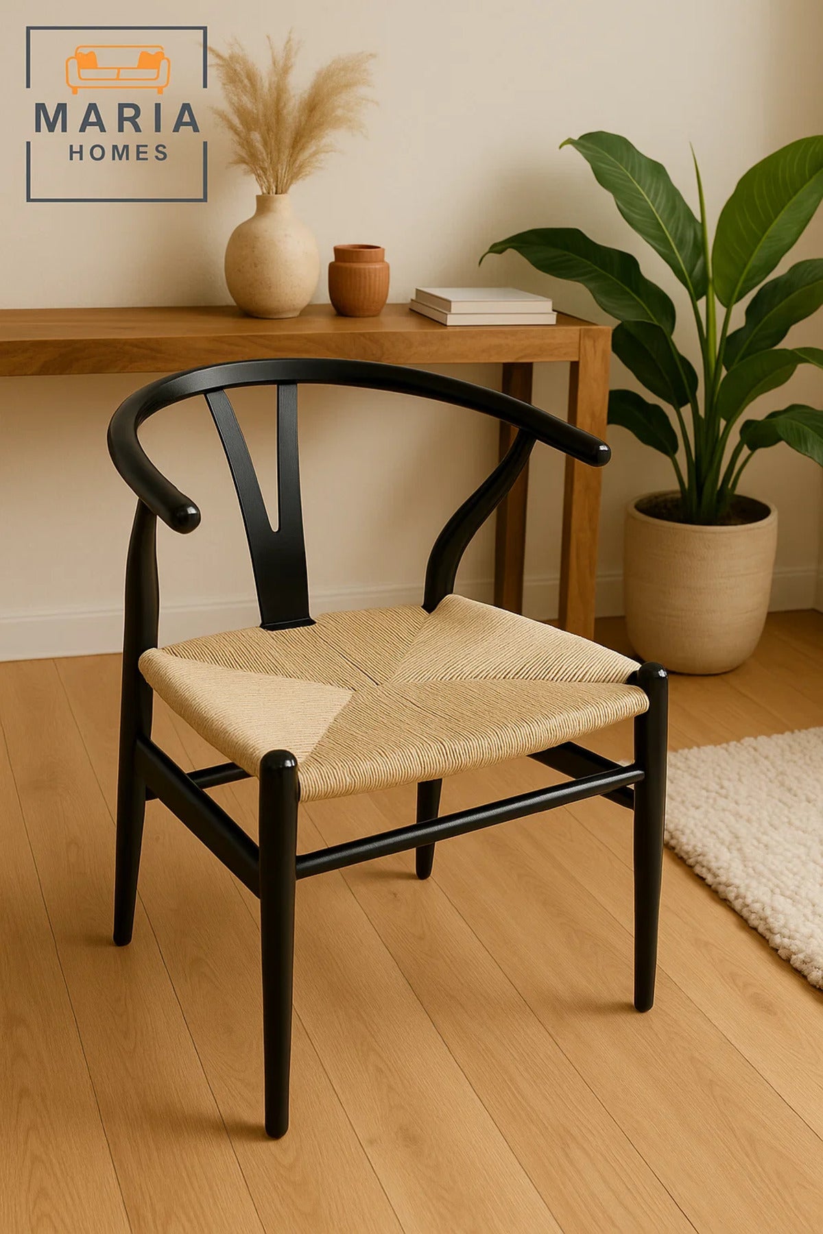 Black Modern Armchair with Woven Rope Seat Ð Elegant Curved Back Dining Chair for Home or CafŽ