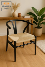 Black Modern Armchair with Woven Rope Seat Ð Elegant Curved Back Dining Chair for Home or CafŽ