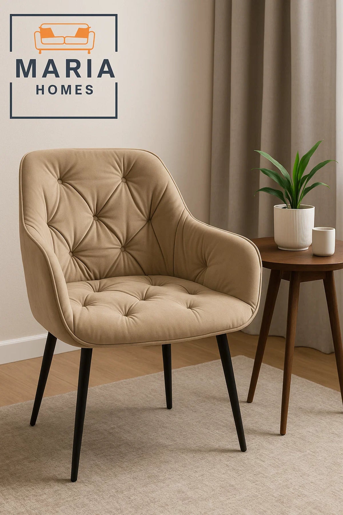 Beige Velvet Tufted Armchair Ð Upholstered Lounge Chair with Black Legs for Home, Office, or Lounge