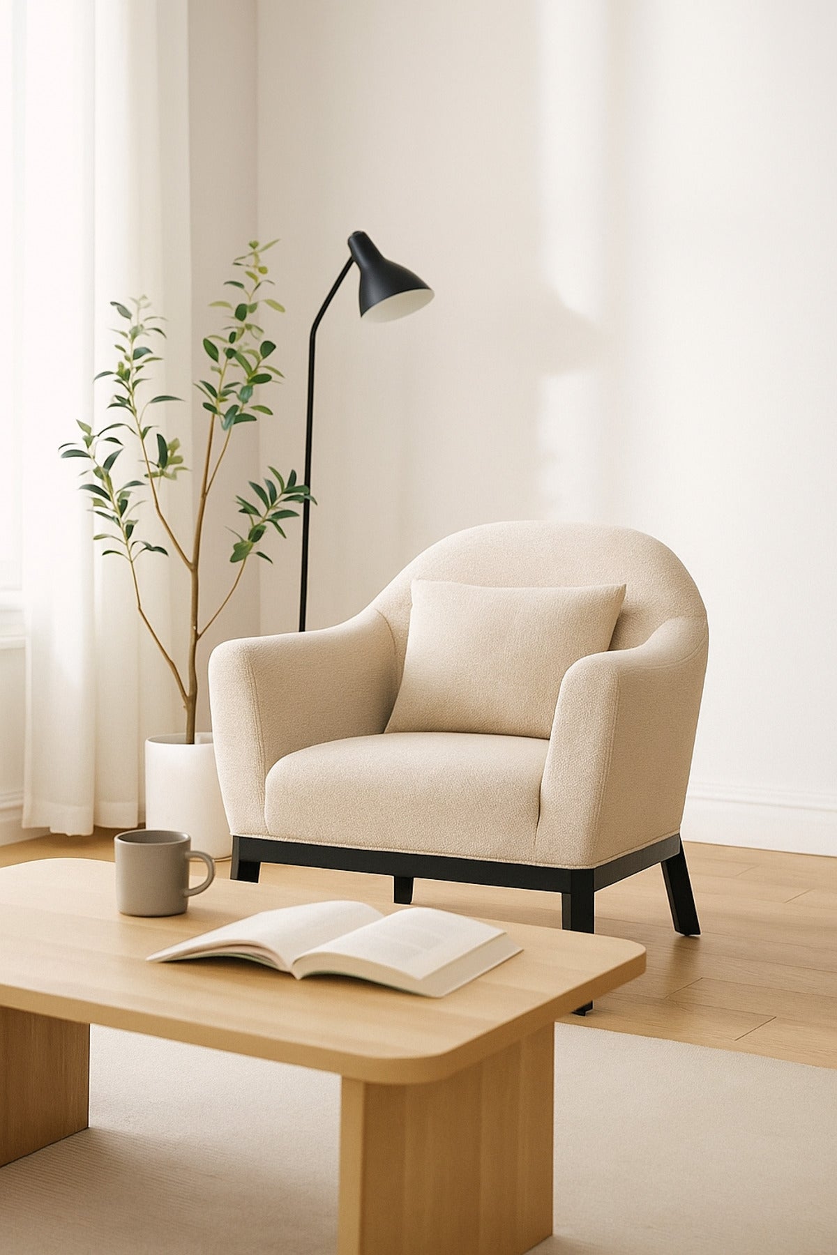 Beige Fabric Armchair Ð Modern Single Seater Lounge Chair with Cushion for Living Room & Office
