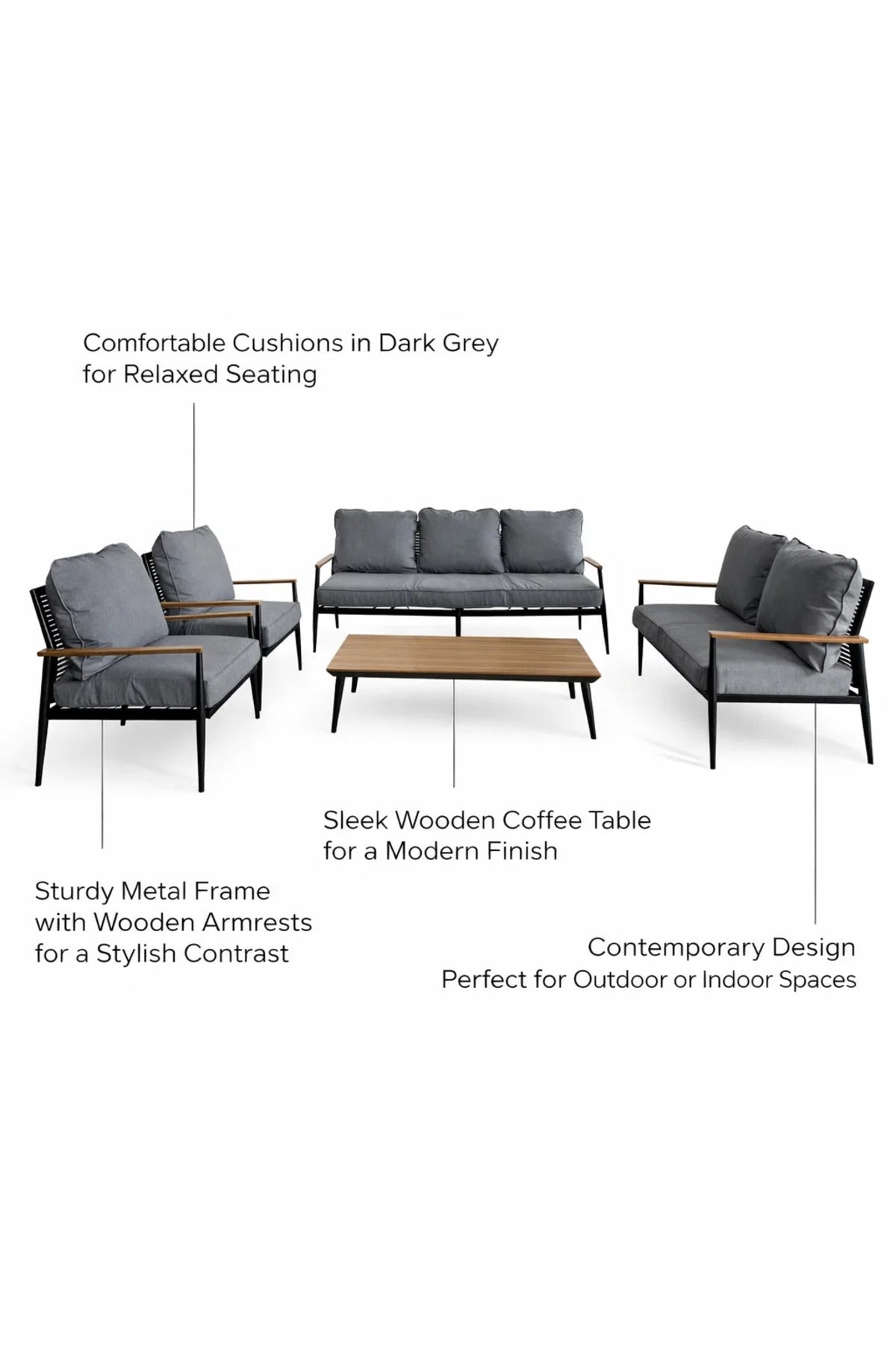 Modern 7Piece Black and Dark Grey Sofa Set with Wooden Coffee Table Living Room Furniture