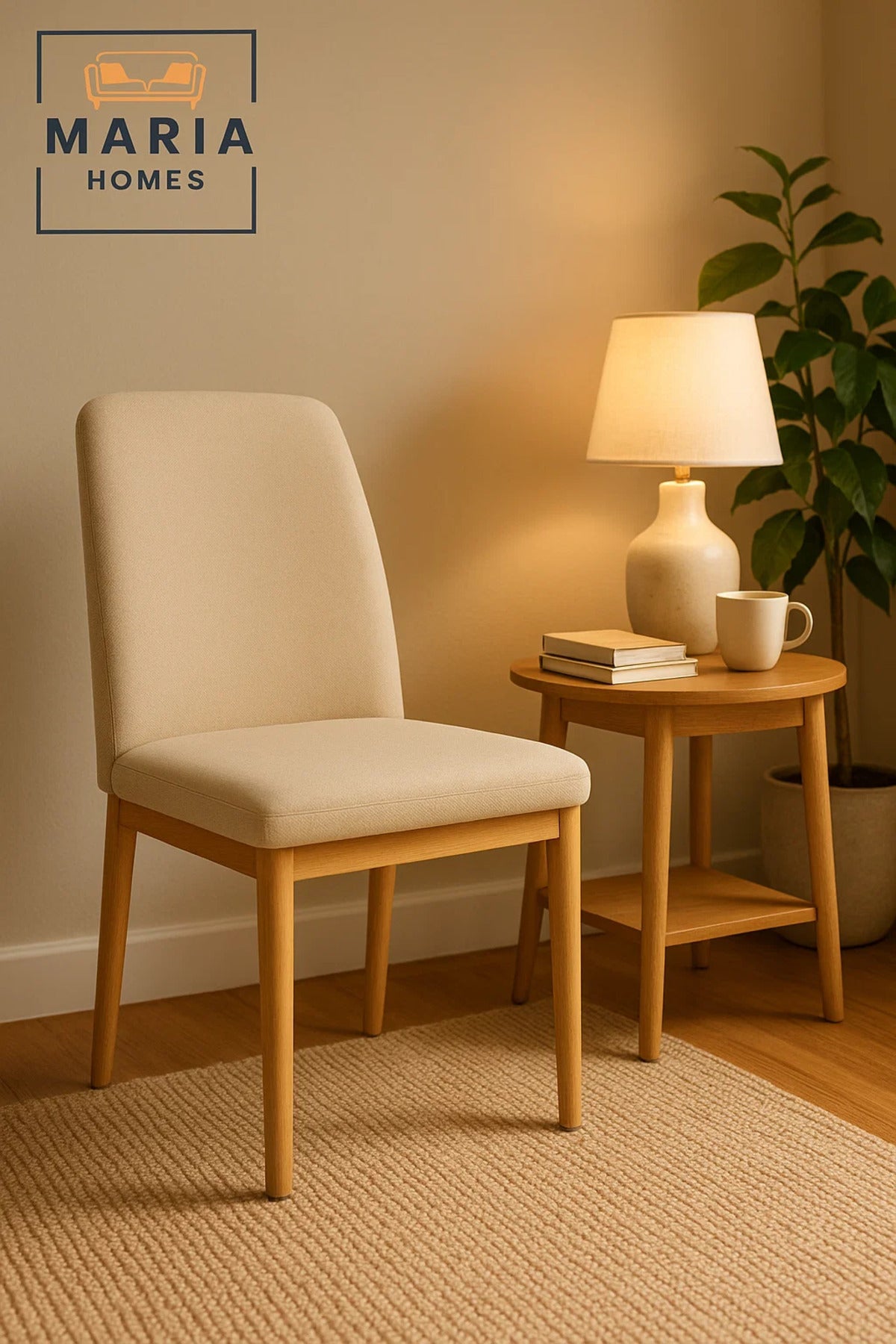 Modern Beige Fabric Dining Chair with Wooden Legs