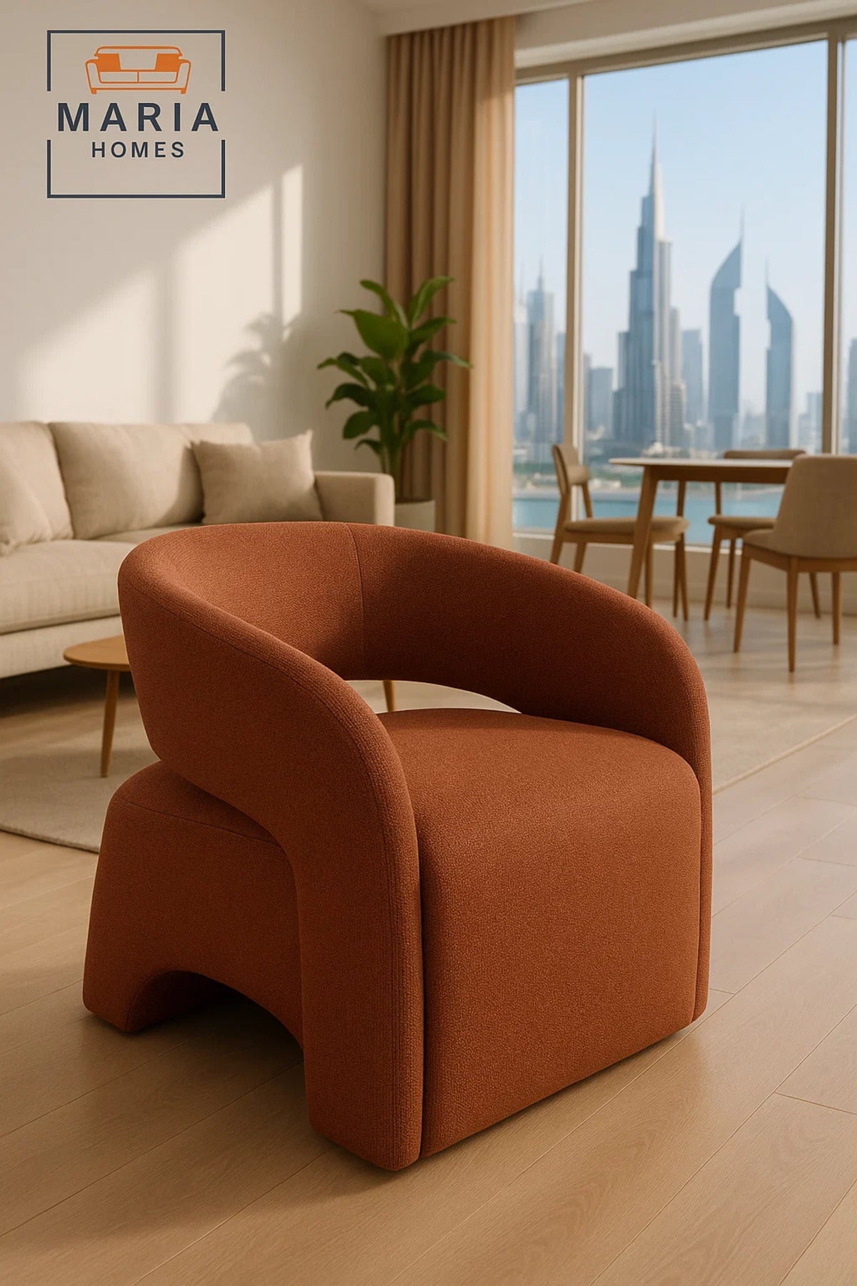 Rust Orange Modern Curved Fabric Armchair Ð Minimalist Accent Chair for Living Room
