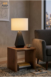 Modern Black Textured Table Lamp with White Drum Fabric Shade and Geometric Tapered Base for Bedroom, Living Room, Office, Hotel and Bedside Décor