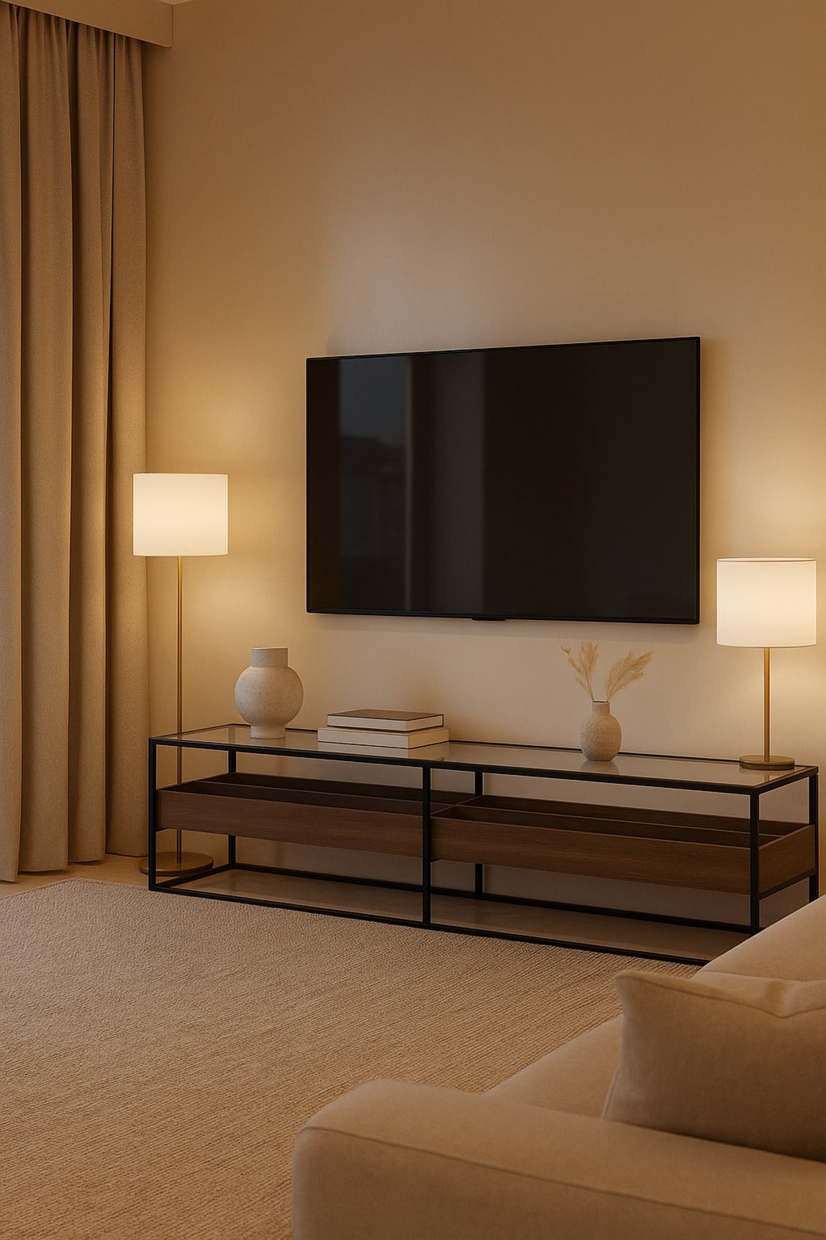 Modern Walnut TV Table with Glass Top & Black Metal Frame Ð 180_40_45 cm