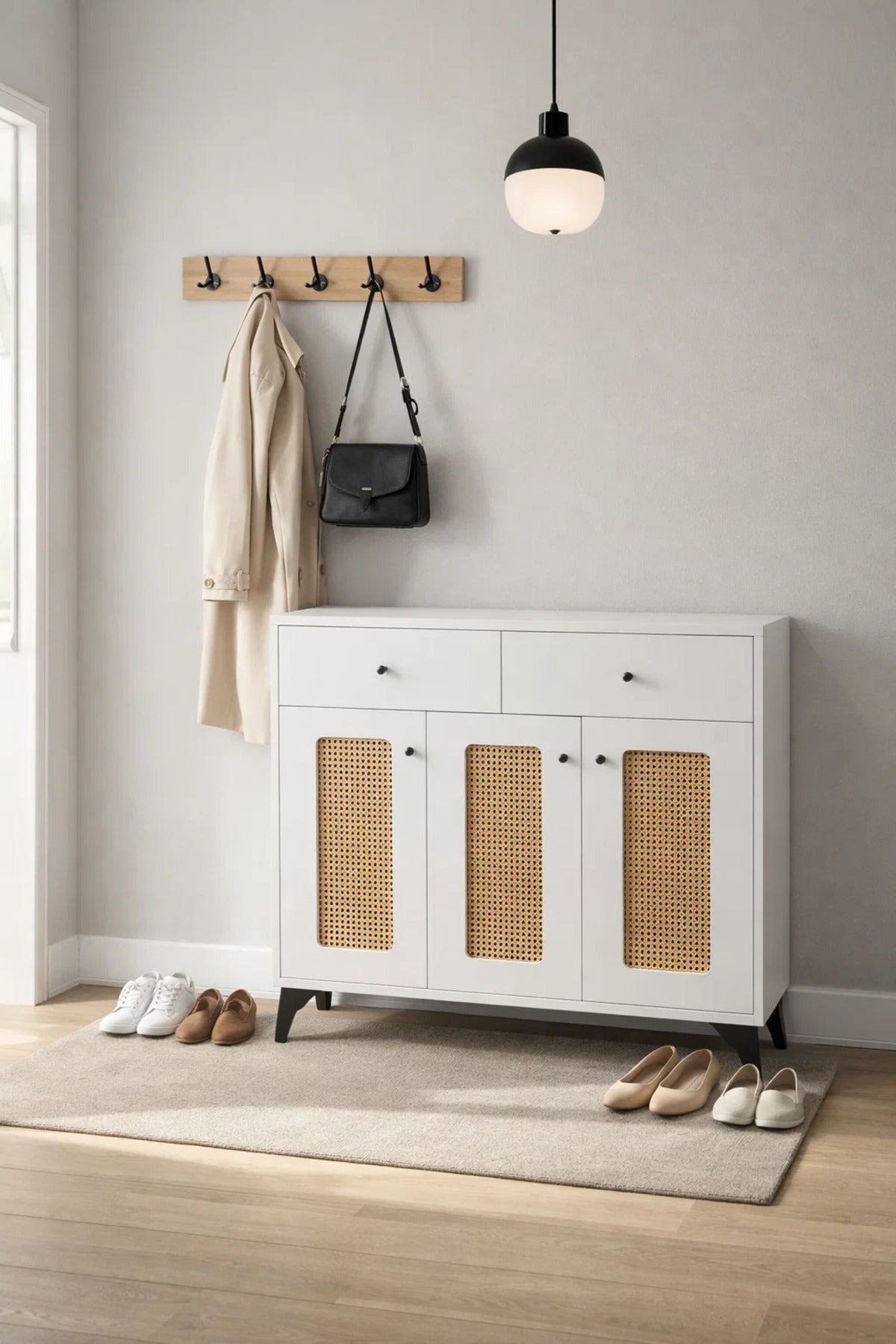 Modern White Rattan Shoe Cabinet with Drawers Stylish Entryway Storage Console Unit 100x95cm