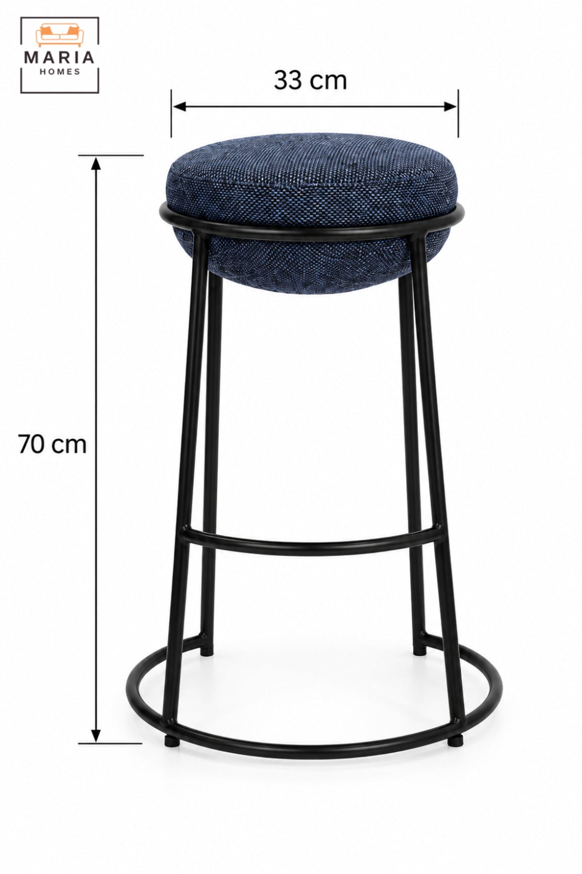 Modern Round Bar Stool with Padded Fabric Seat & Circular Footrest | Blue Upholstered High Counter Chair with Slim Black Frame for Kitchen and Café 70x33cm