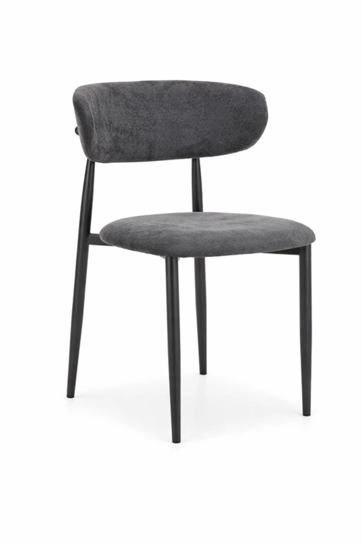 Modern Grey Fabric Dining Chair with Curved Backrest & Solid Wood Legs