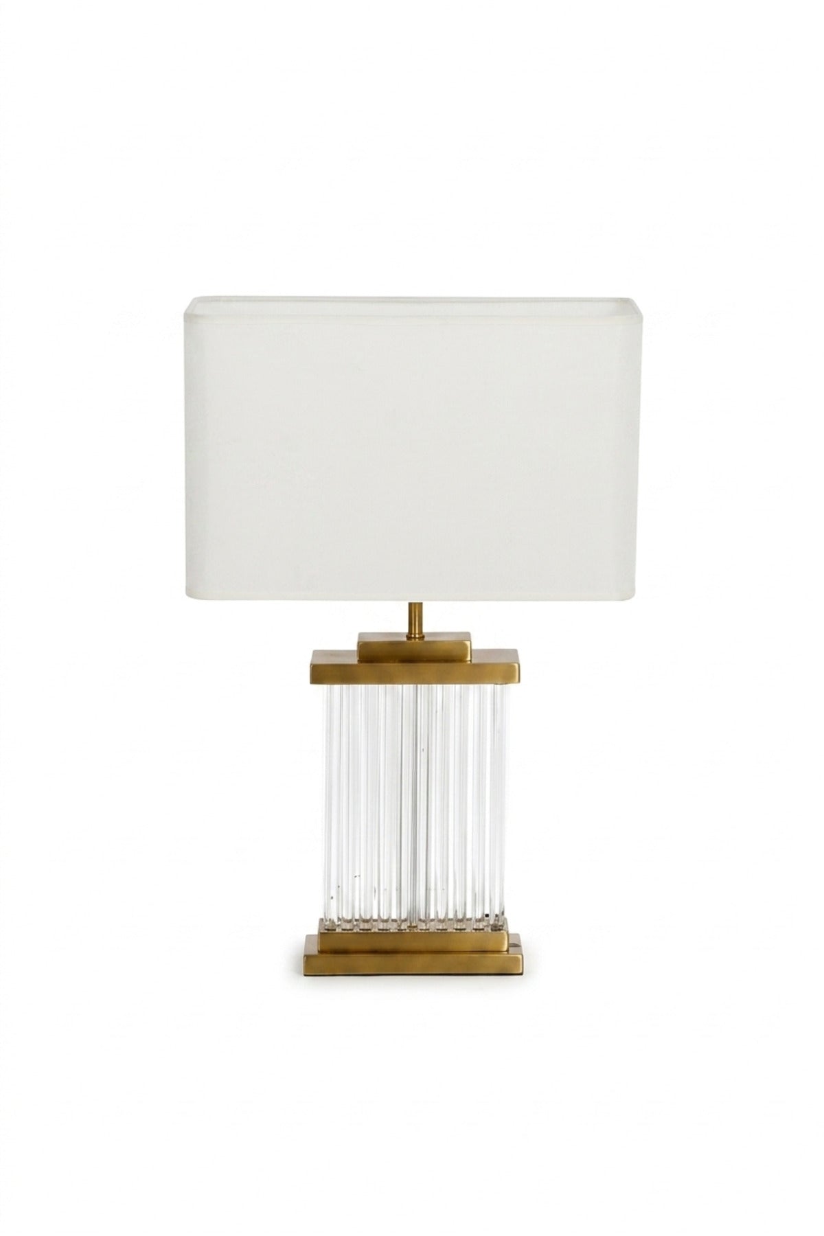 Luxury Rectangular Crystal Table Lamp with White Fabric Shade, Ribbed Clear Base and Antique Gold Tone Frame for Bedroom, Living Room, Office and Hotel