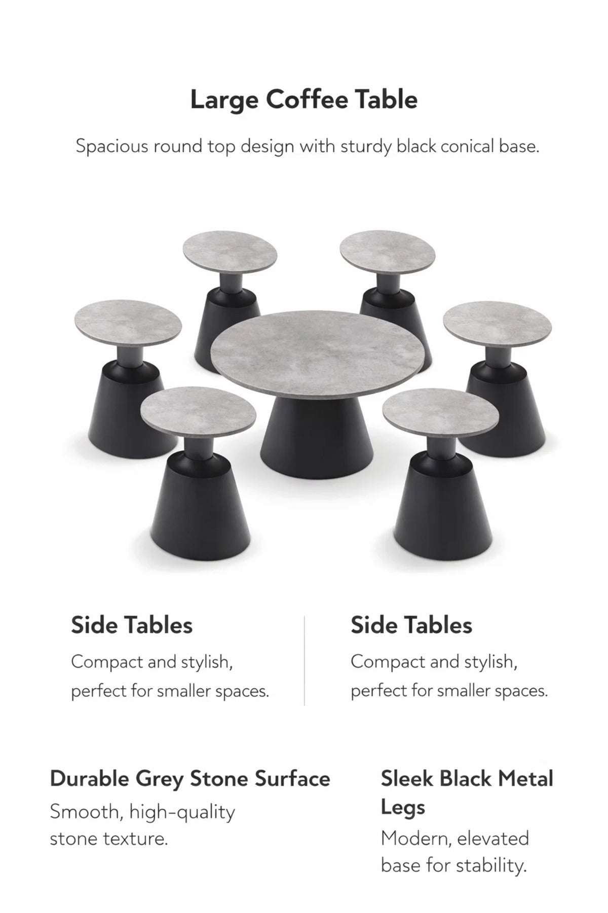 Modern Grey Round Coffee Table Set 1+6 Wood Top Black Cone Base Living Room Center Table Decor