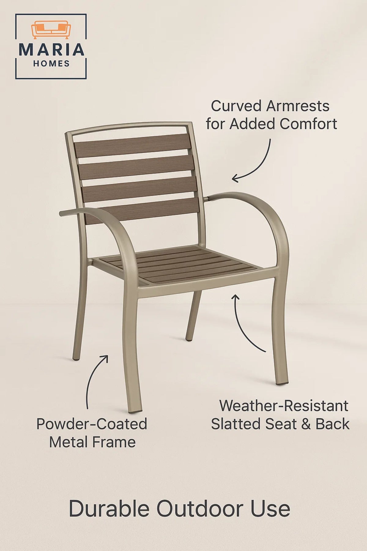 Brown Beige Outdoor Armchair Durable Metal Frame Modern Garden Balcony Patio Dining Chair