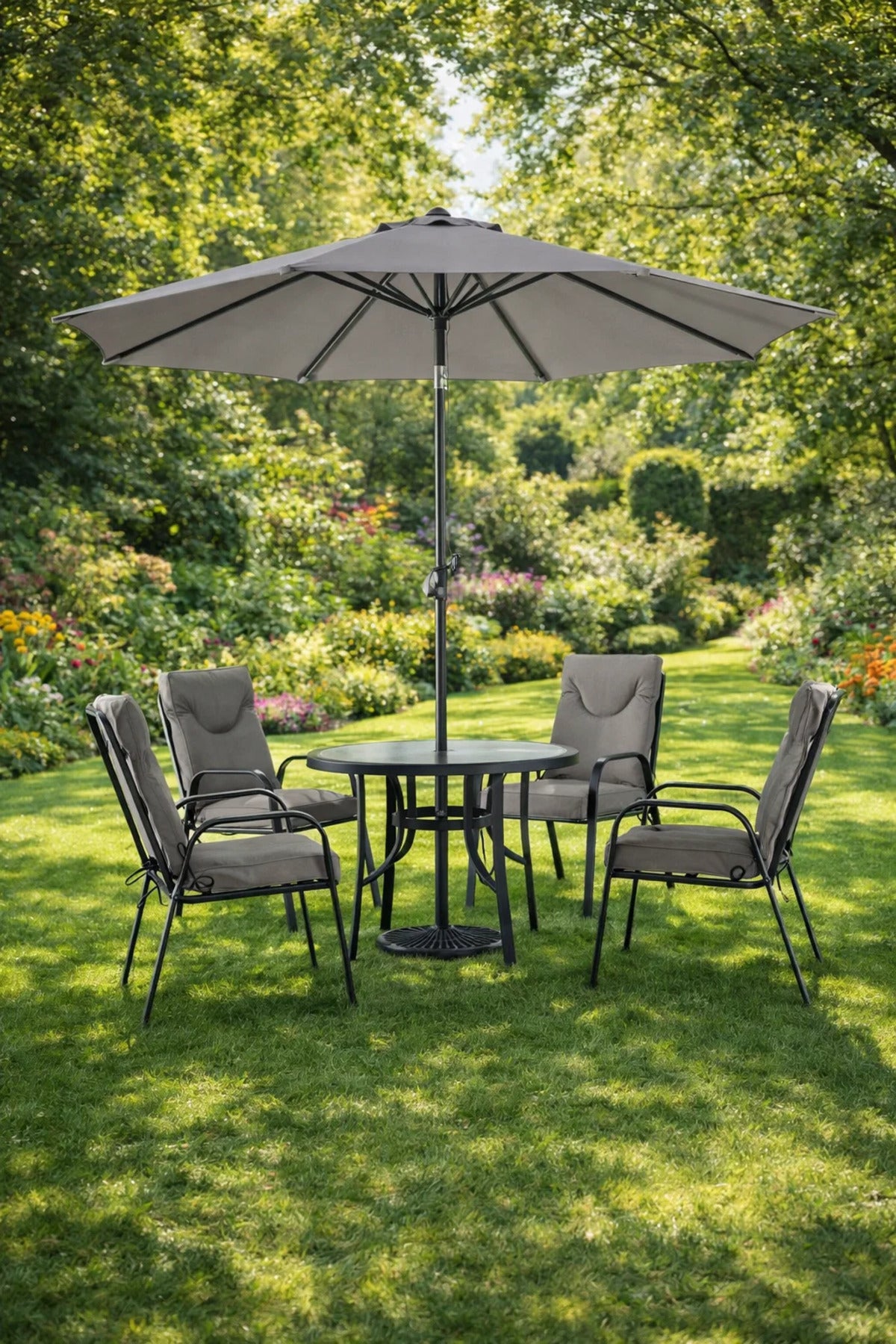 Outdoor Dining Set 4 Chairs Rectangular Glass Table Parasol Umbrella Garden Patio Furniture Grey