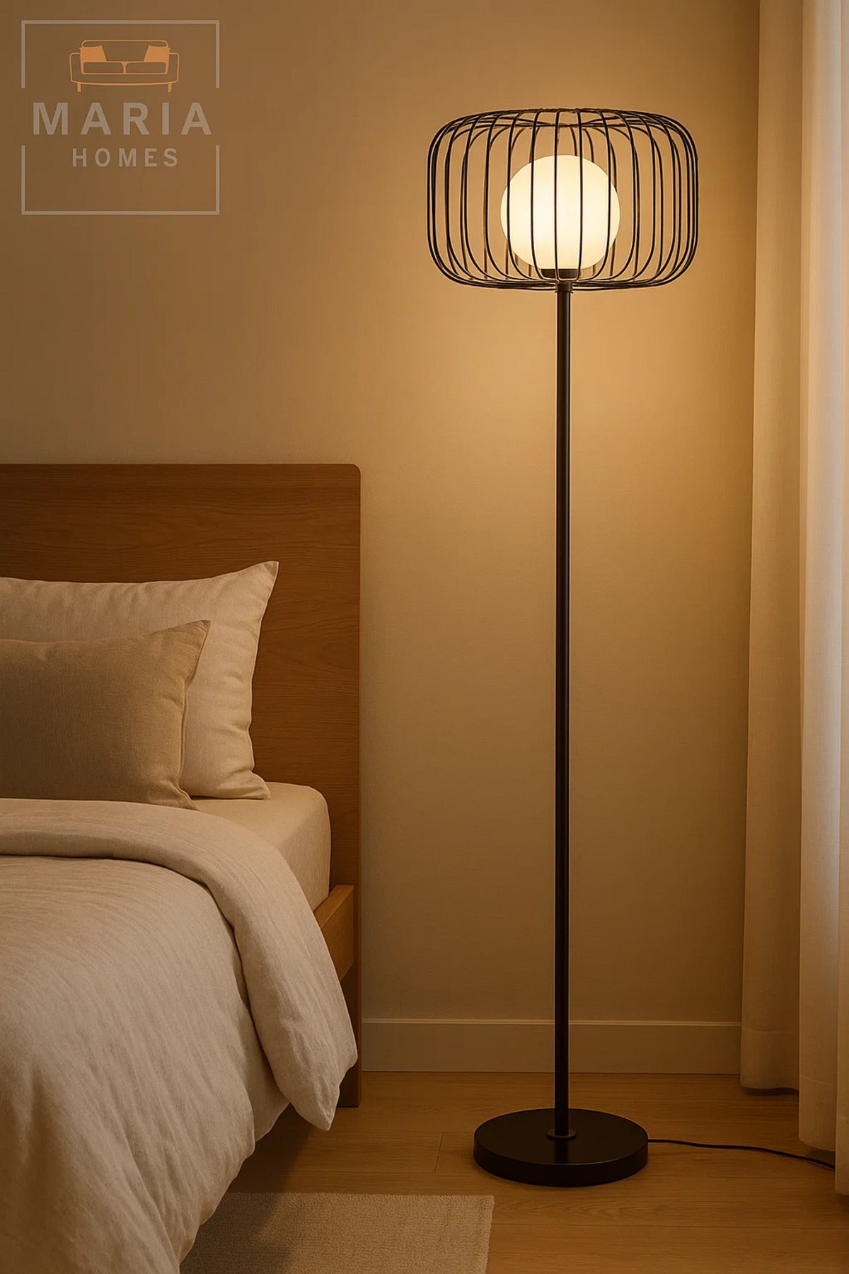Black Floor Lamp with Wire Cage Shade