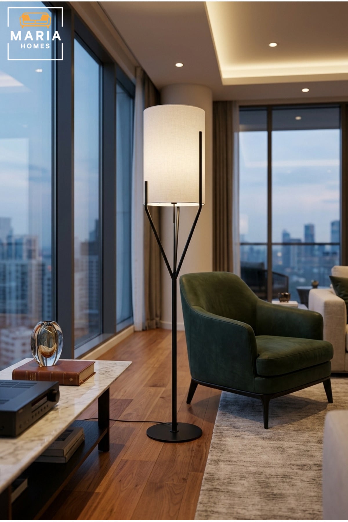Modern Tripod Floor Lamp with Tall Cylindrical Fabric Shade, Geometric Support Frame and Round Base Standing Light for Living Room Bedroom Office