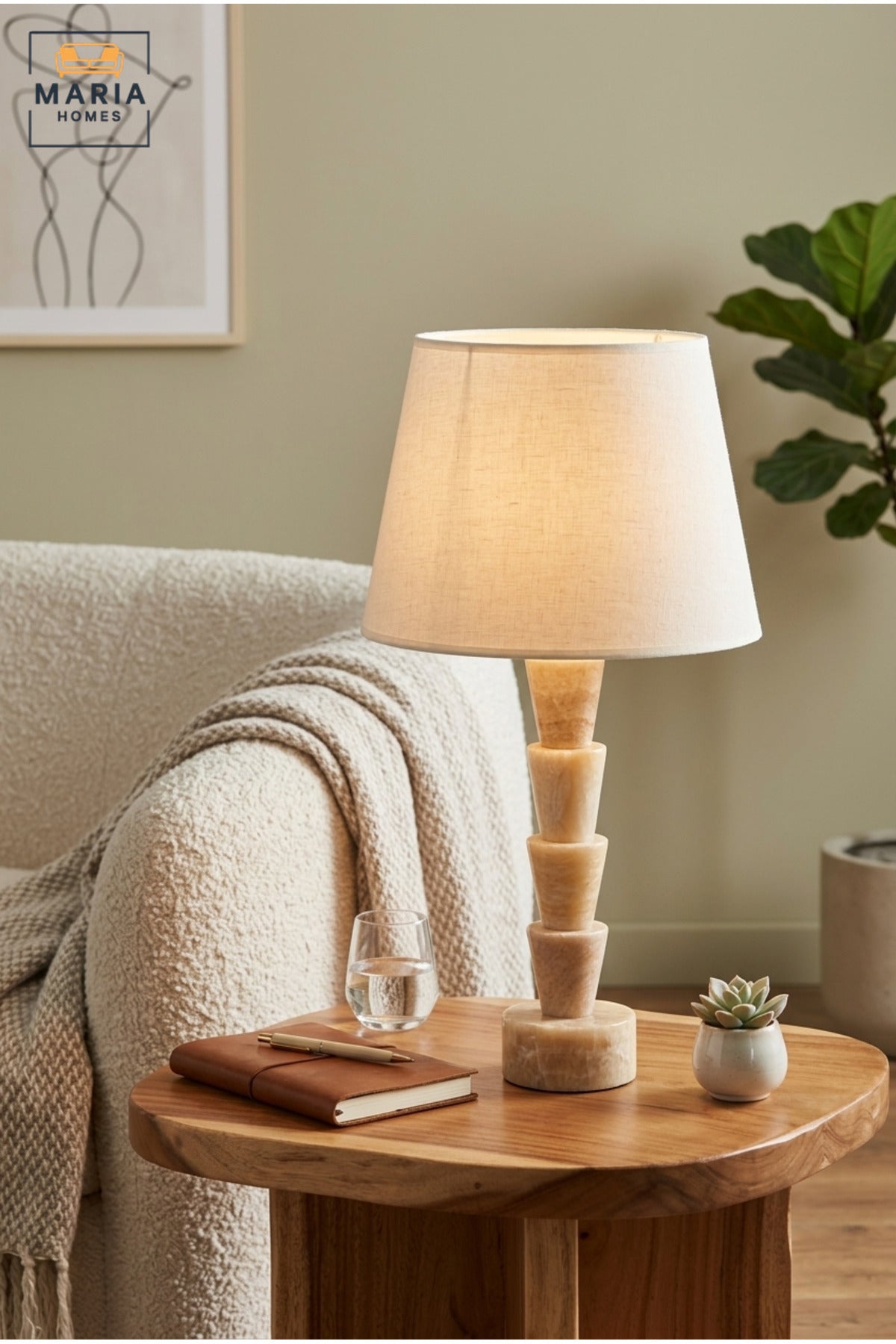 Luxury Sculptural Marble Table Lamp with White Fabric Shade and Geometric Stacked Base for Bedroom, Living Room, Office, Hotel and Bedside Décor