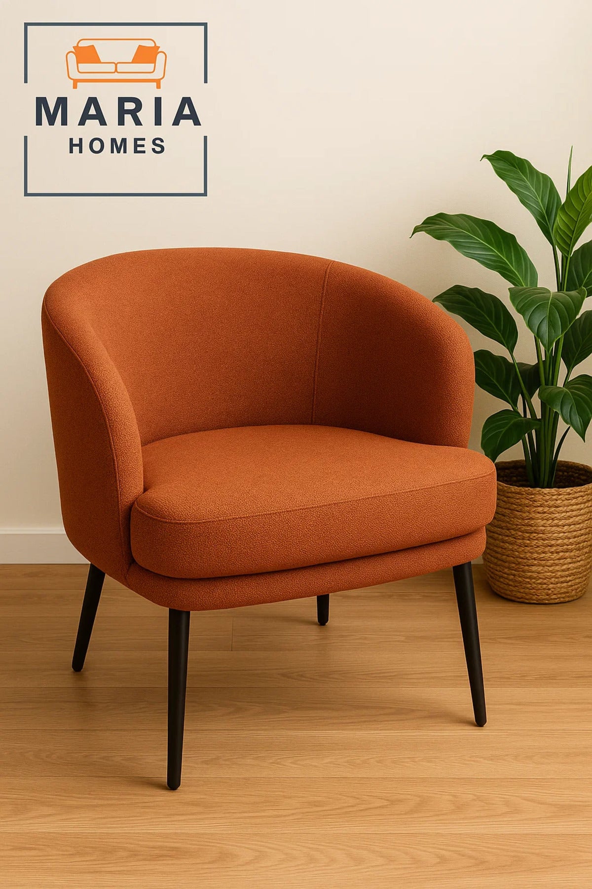 Rust Orange Fabric Lounge Chair Ð Modern Curved Back Armchair with Black Legs for Home or Office