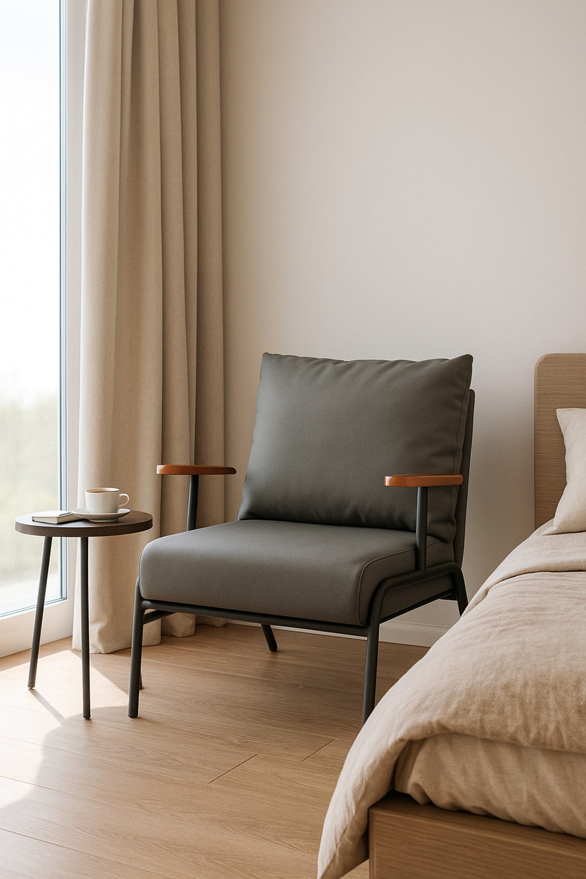 Modern Gray Lounge Chair Ð Metal Frame Accent Chair with Wooden Armrests and Cushioned Seat