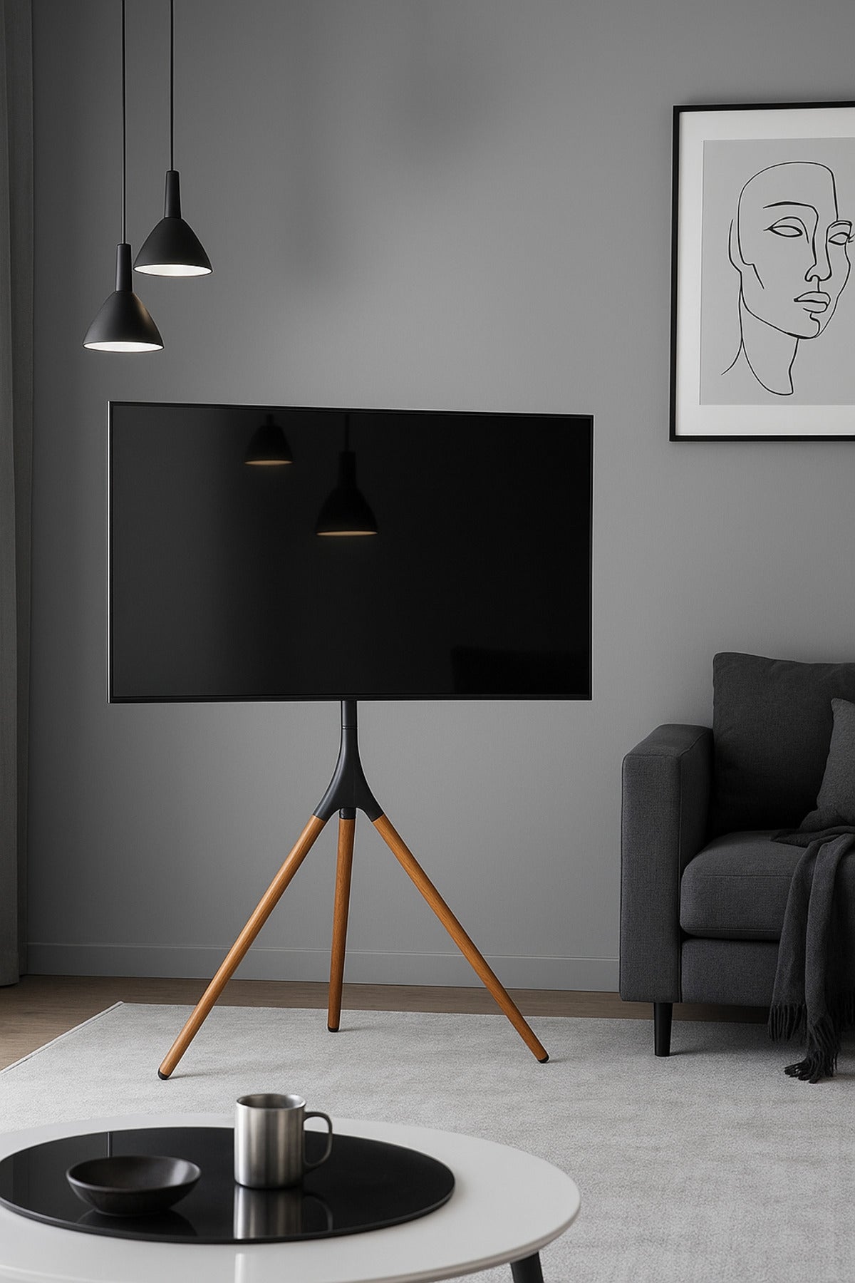 Black & Dark Wood Tripod TV Stand √ê Modern Adjustable Floor Stand for 32_√ê65_ TVs