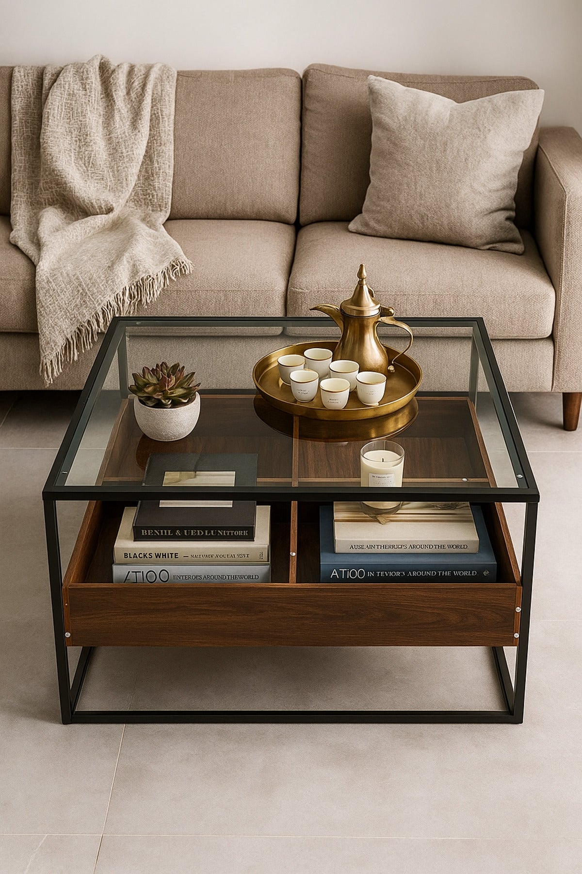 Modern Glass Coffee Table with Wooden Storage Compartments & Black Frame Ð 80x80x45cm