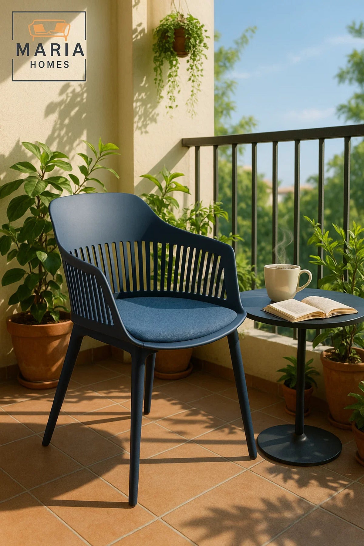 Blue Plastic Armchair with Black Legs Modern Ventilated Backrest Chair for Indoor & Outdoor Seating